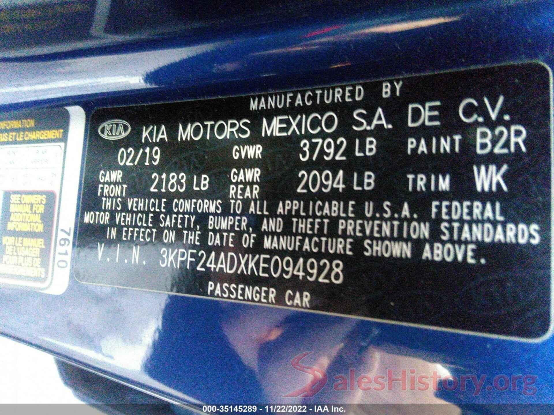 3KPF24ADXKE094928 2019 KIA FORTE