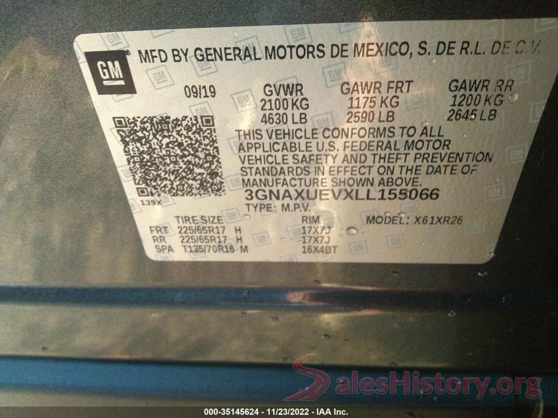 3GNAXUEVXLL155066 2020 CHEVROLET EQUINOX