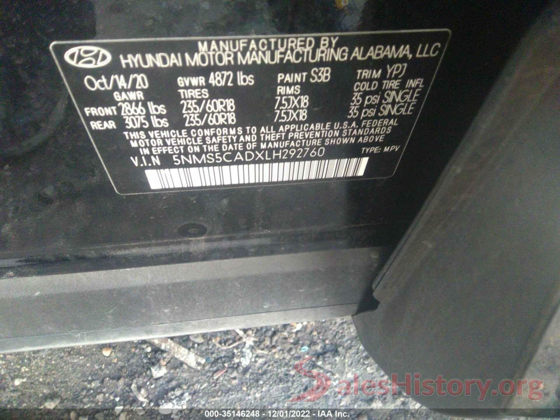 5NMS5CADXLH292760 2020 HYUNDAI SANTA FE