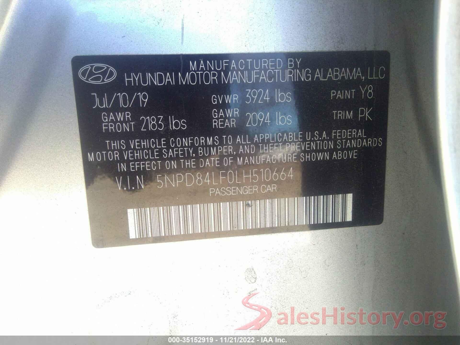 5NPD84LF0LH510664 2020 HYUNDAI ELANTRA