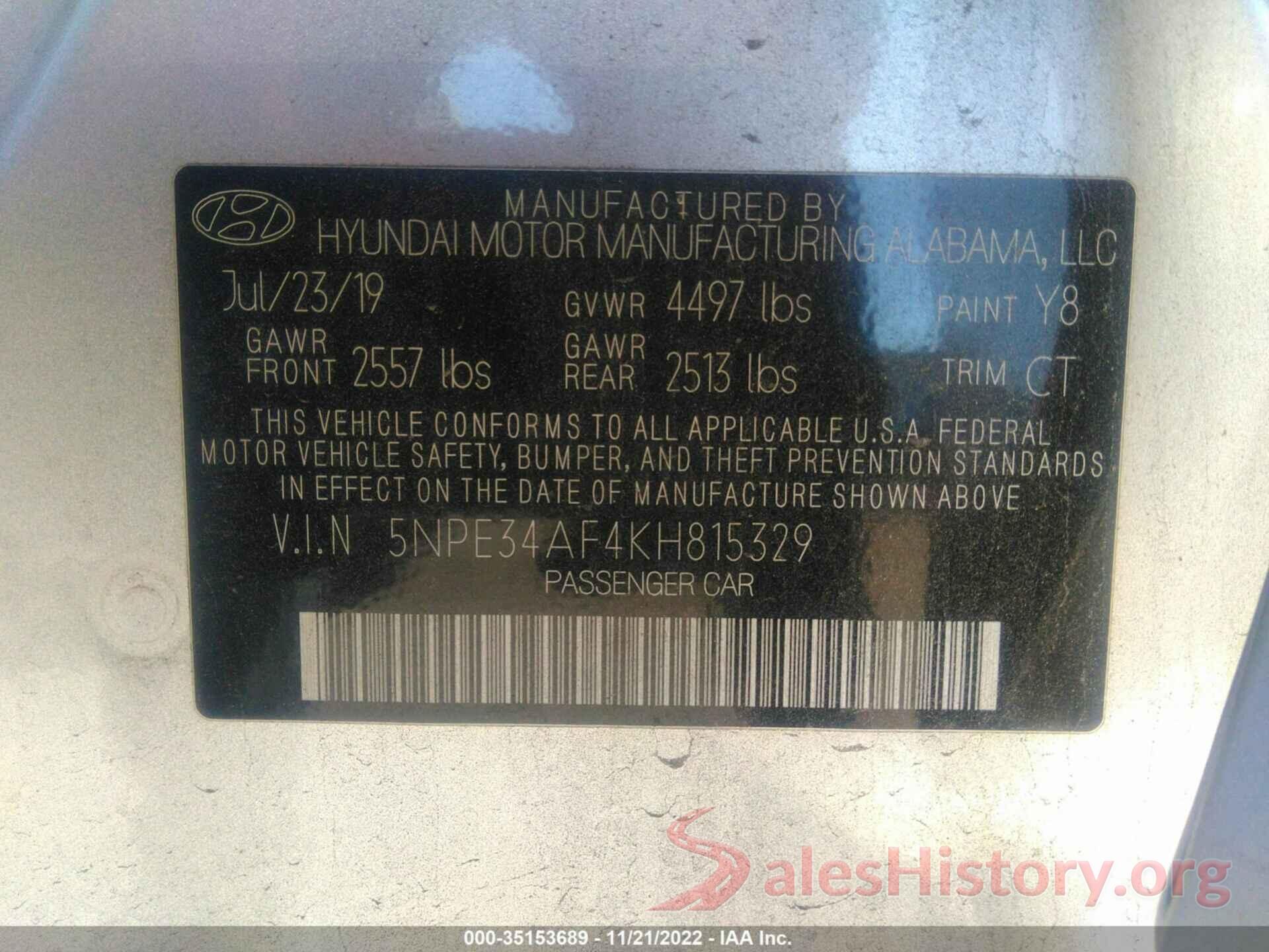 5NPE34AF4KH815329 2019 HYUNDAI SONATA