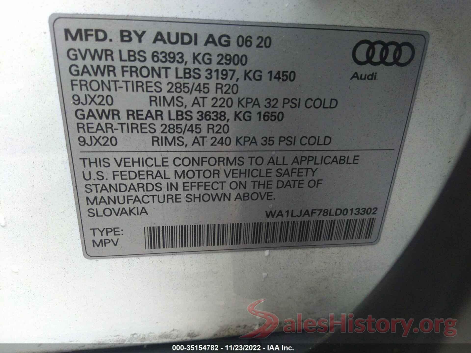 WA1LJAF78LD013302 2020 AUDI Q7