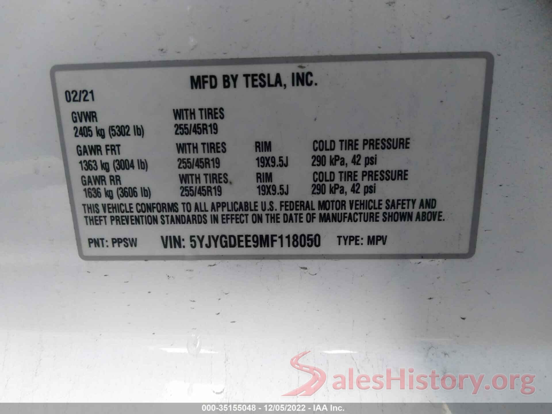 5YJYGDEE9MF118050 2021 TESLA MODEL Y