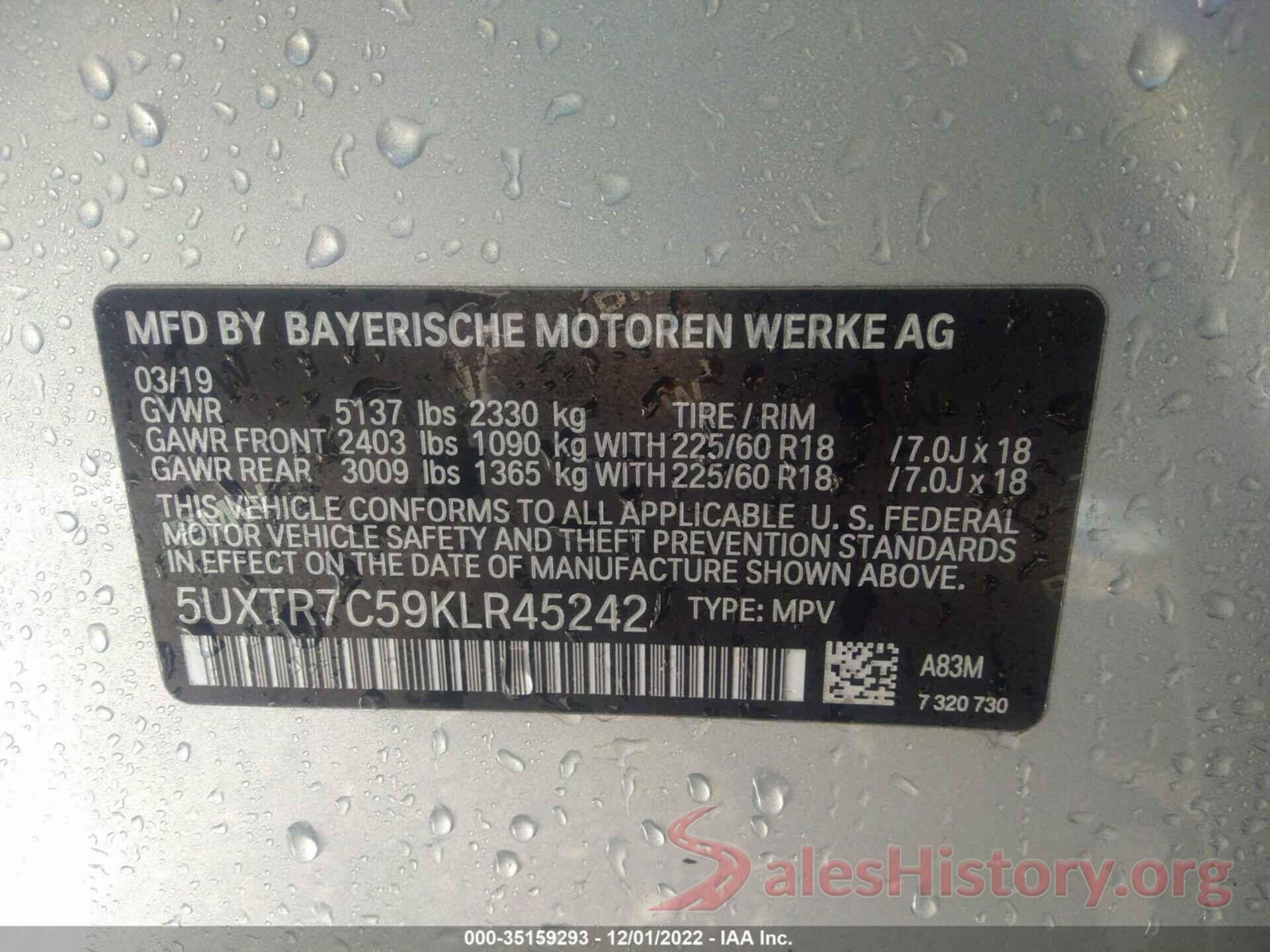 5UXTR7C59KLR45242 2019 BMW X3