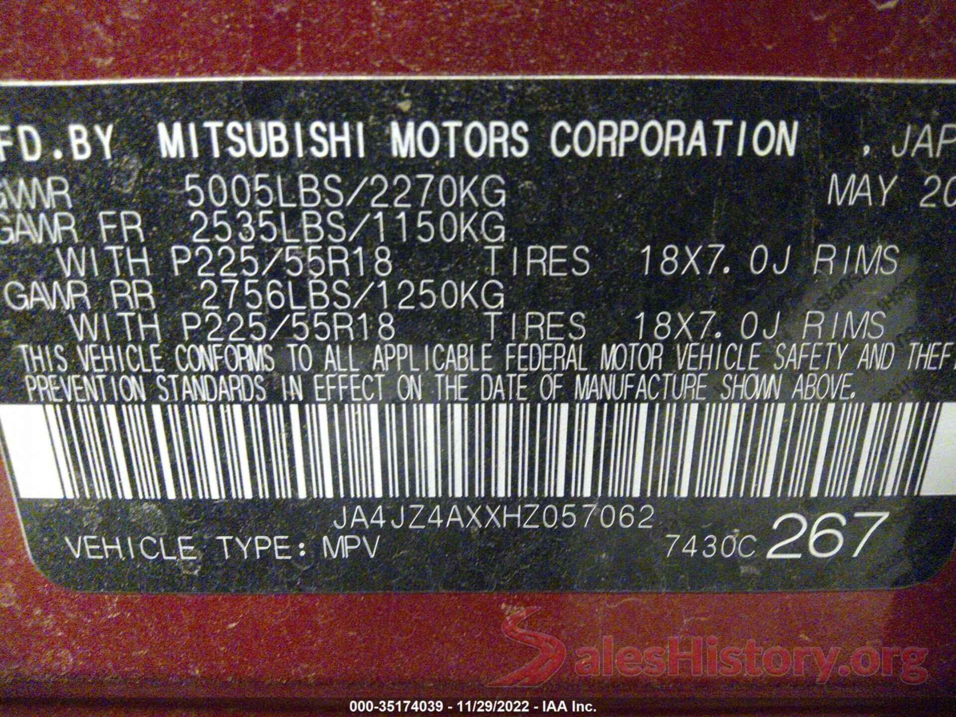 JA4JZ4AXXHZ057062 2017 MITSUBISHI OUTLANDER