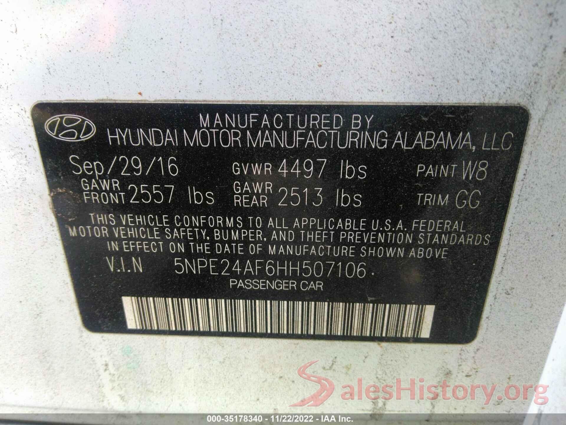 5NPE24AF6HH507106 2017 HYUNDAI SONATA