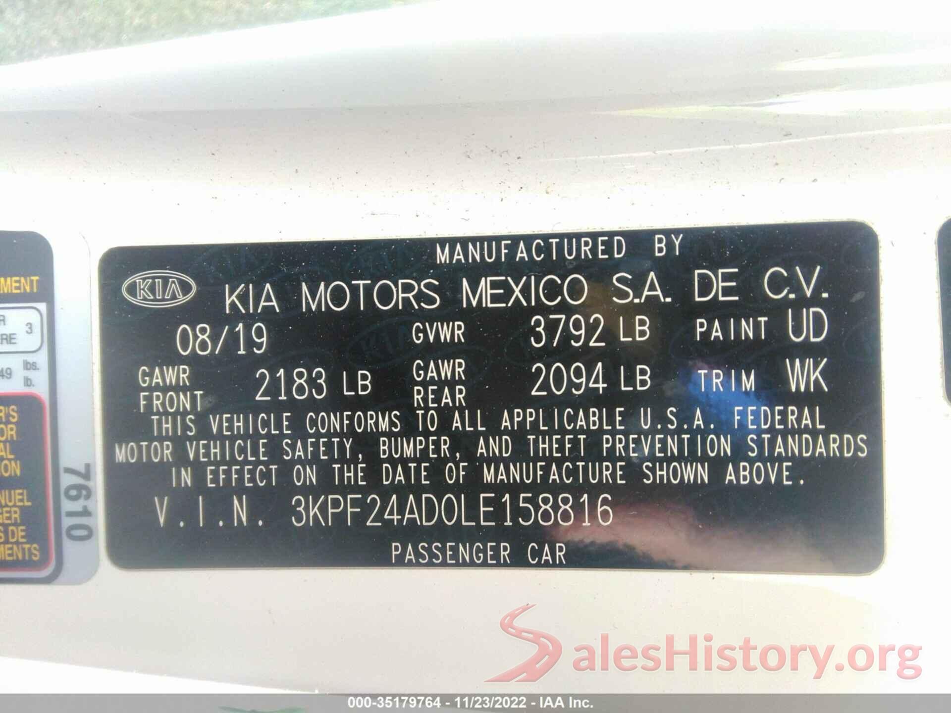 3KPF24AD0LE158816 2020 KIA FORTE