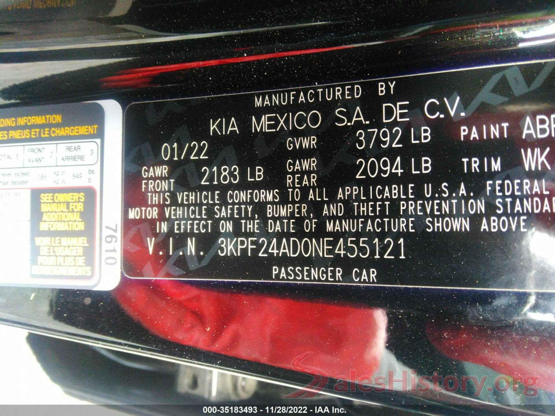 3KPF24AD0NE455121 2022 KIA FORTE