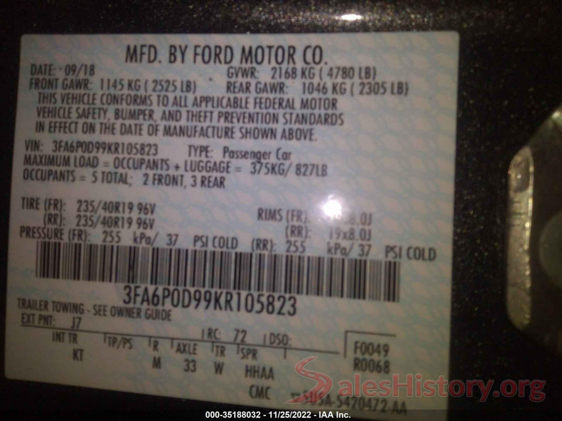 3FA6P0D99KR105823 2019 FORD FUSION