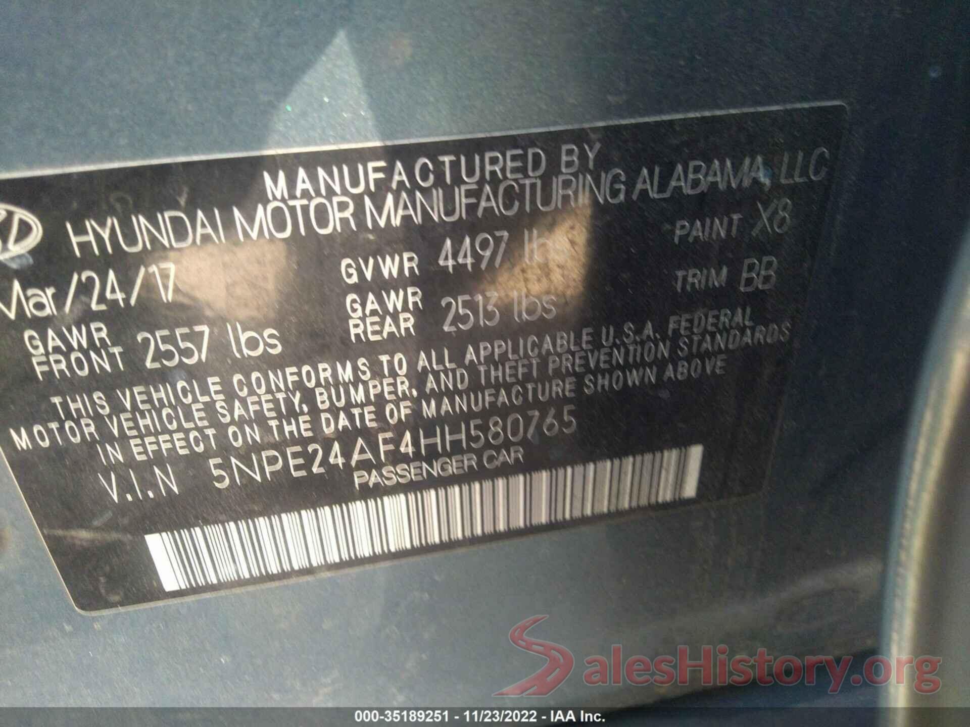 5NPE24AF4HH580765 2017 HYUNDAI SONATA