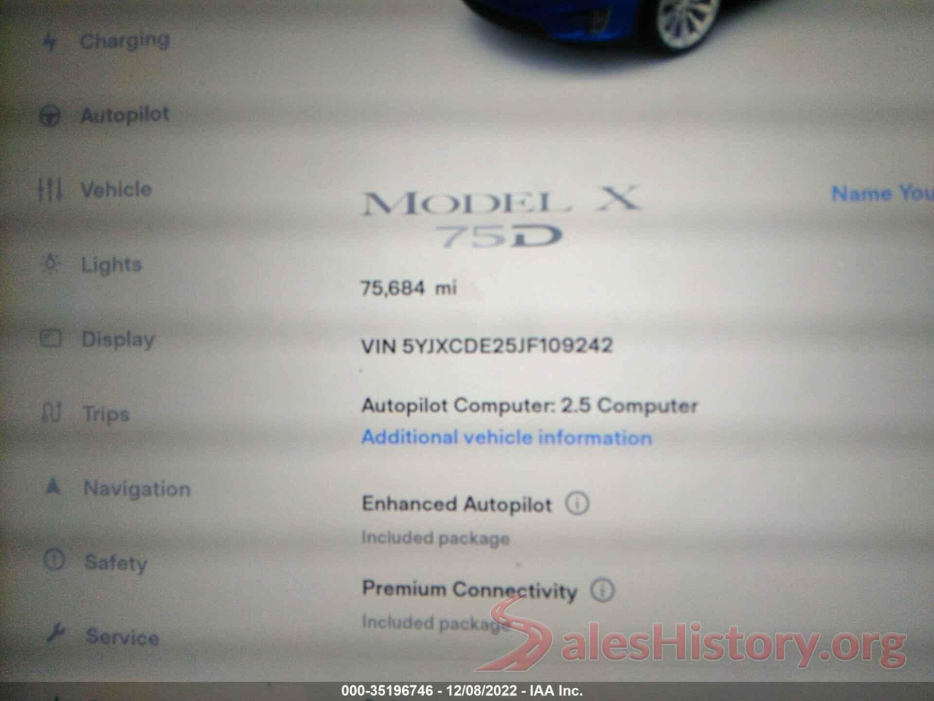 5YJXCDE25JF109242 2018 TESLA MODEL X