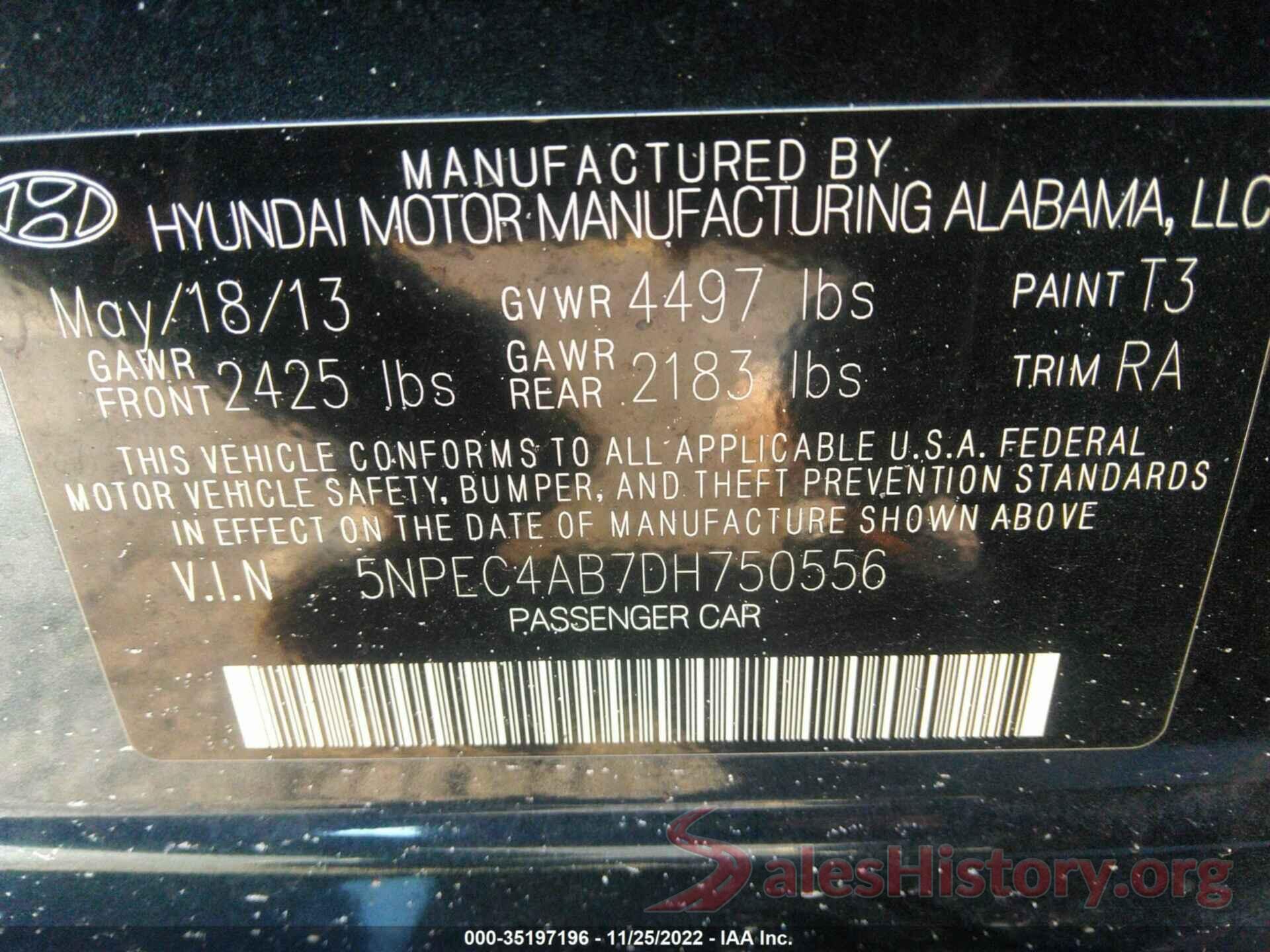 5NPEC4AB7DH750556 2013 HYUNDAI SONATA