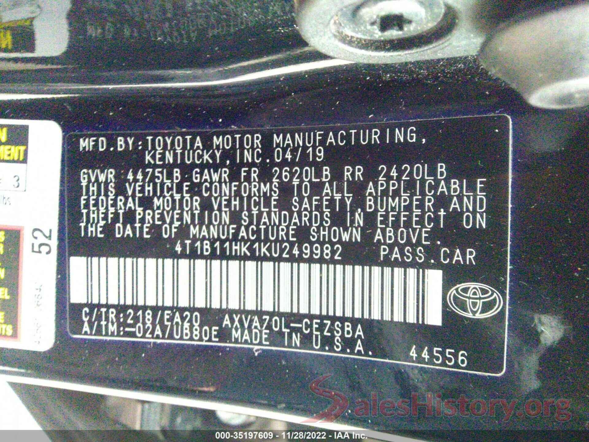 4T1B11HK1KU249982 2019 TOYOTA CAMRY