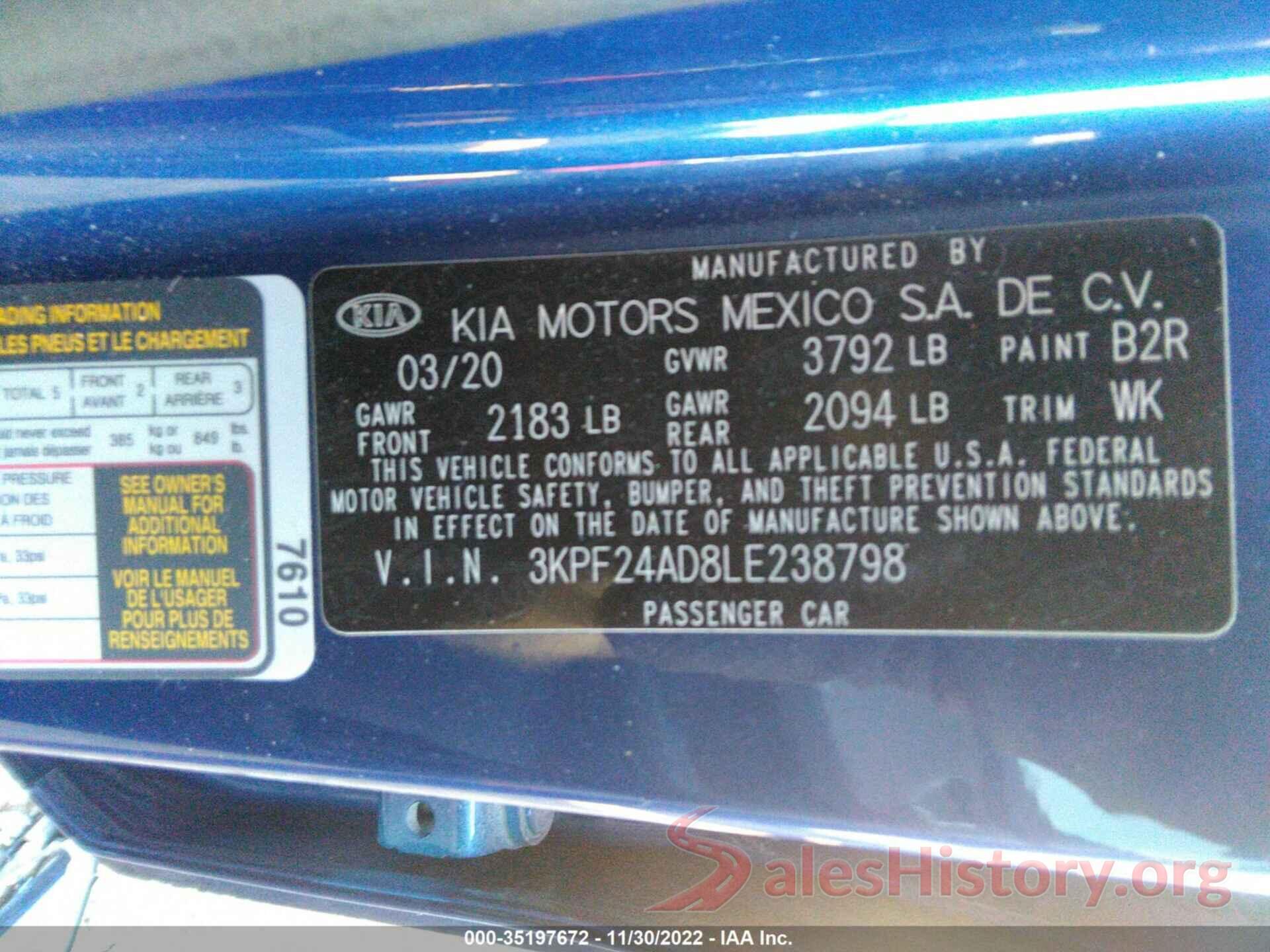 3KPF24AD8LE238798 2020 KIA FORTE