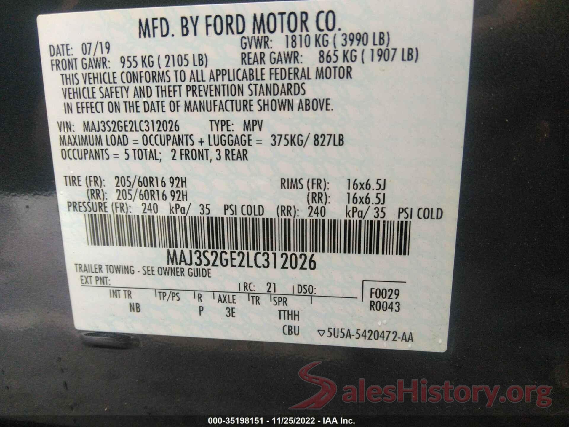 MAJ3S2GE2LC312026 2020 FORD ECOSPORT