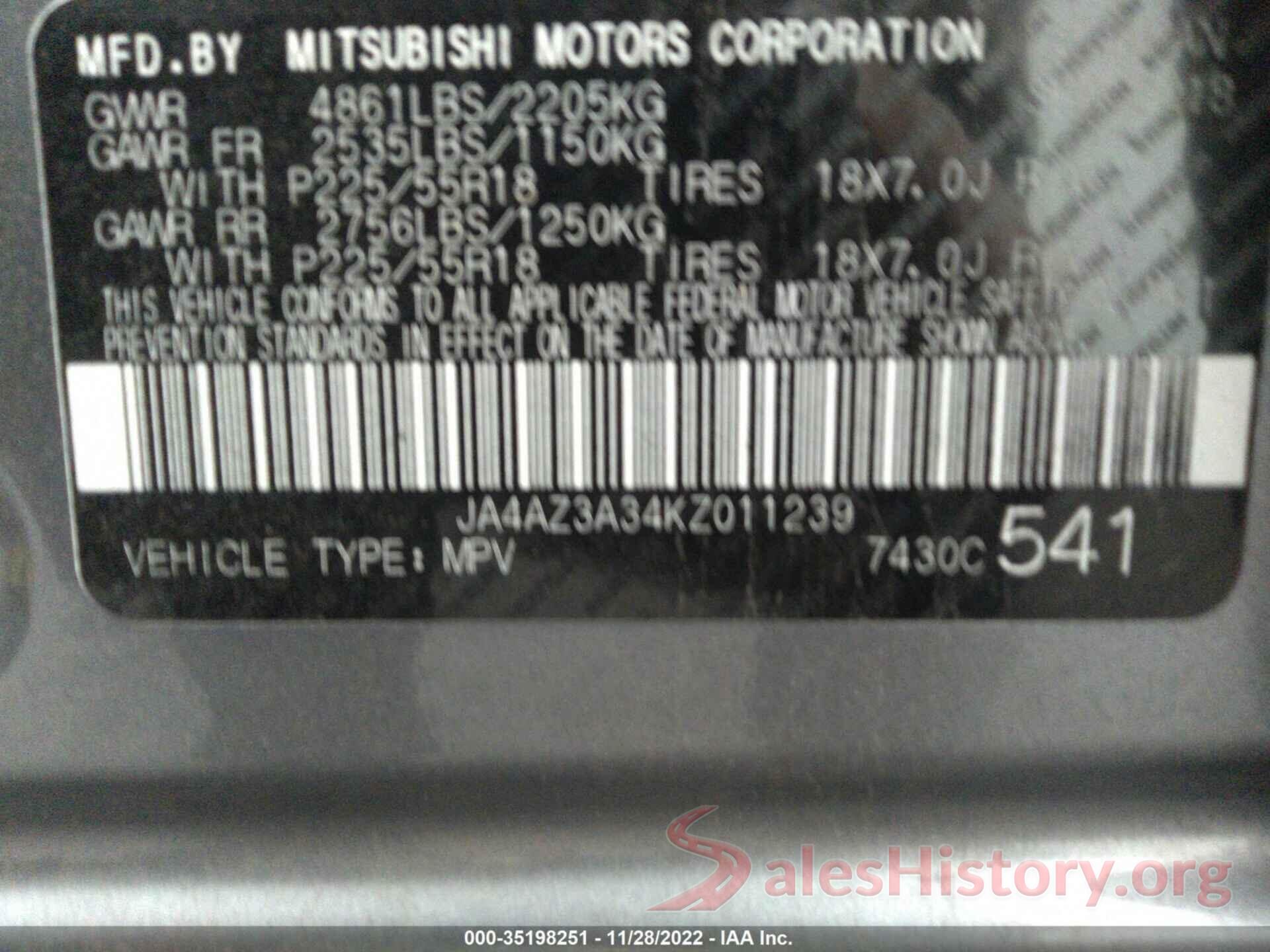 JA4AZ3A34KZ011239 2019 MITSUBISHI OUTLANDER