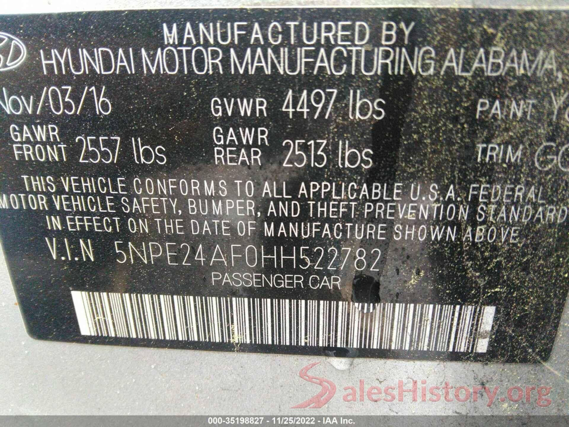 5NPE24AF0HH522782 2017 HYUNDAI SONATA