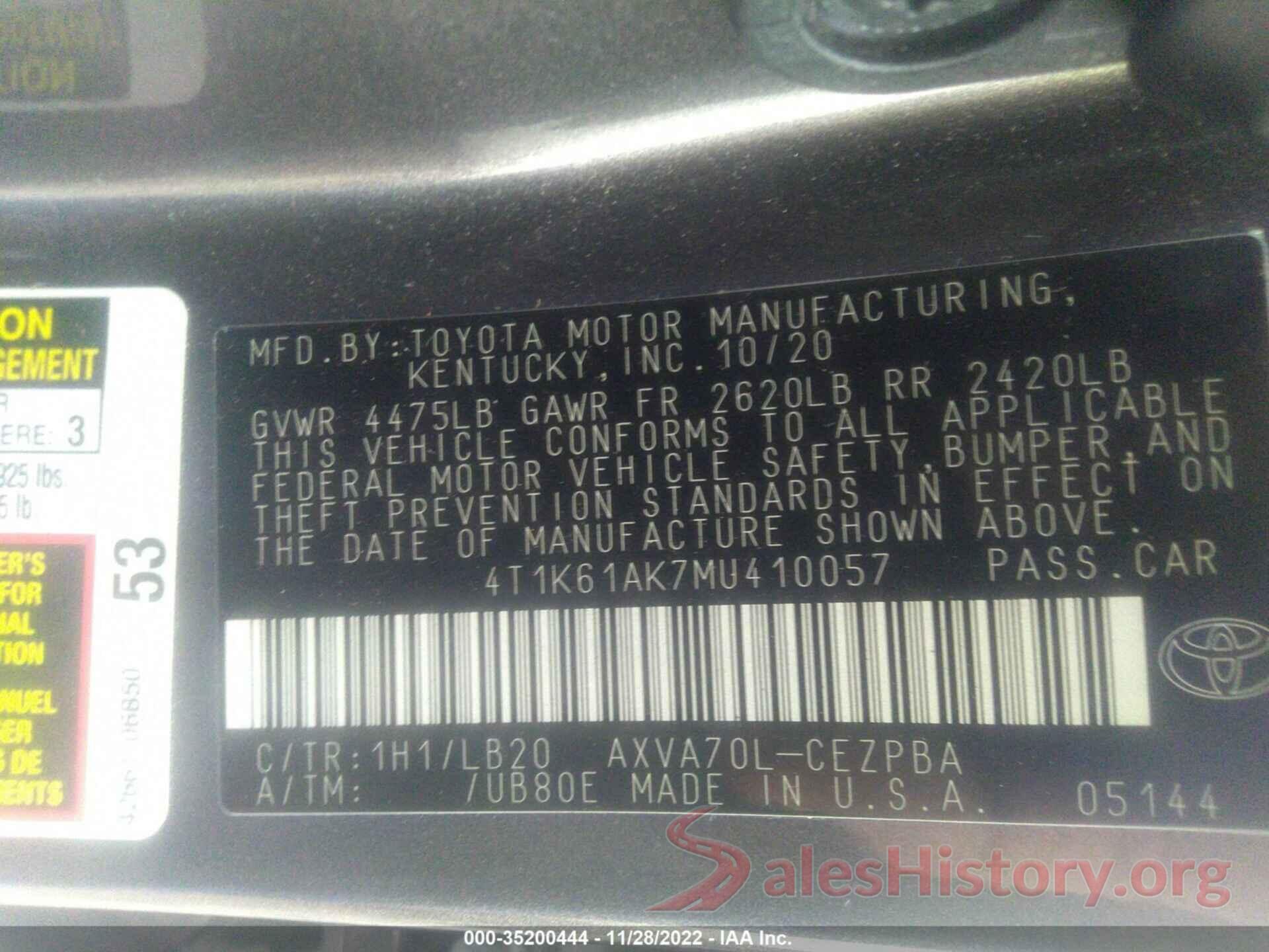 4T1K61AK7MU410057 2021 TOYOTA CAMRY