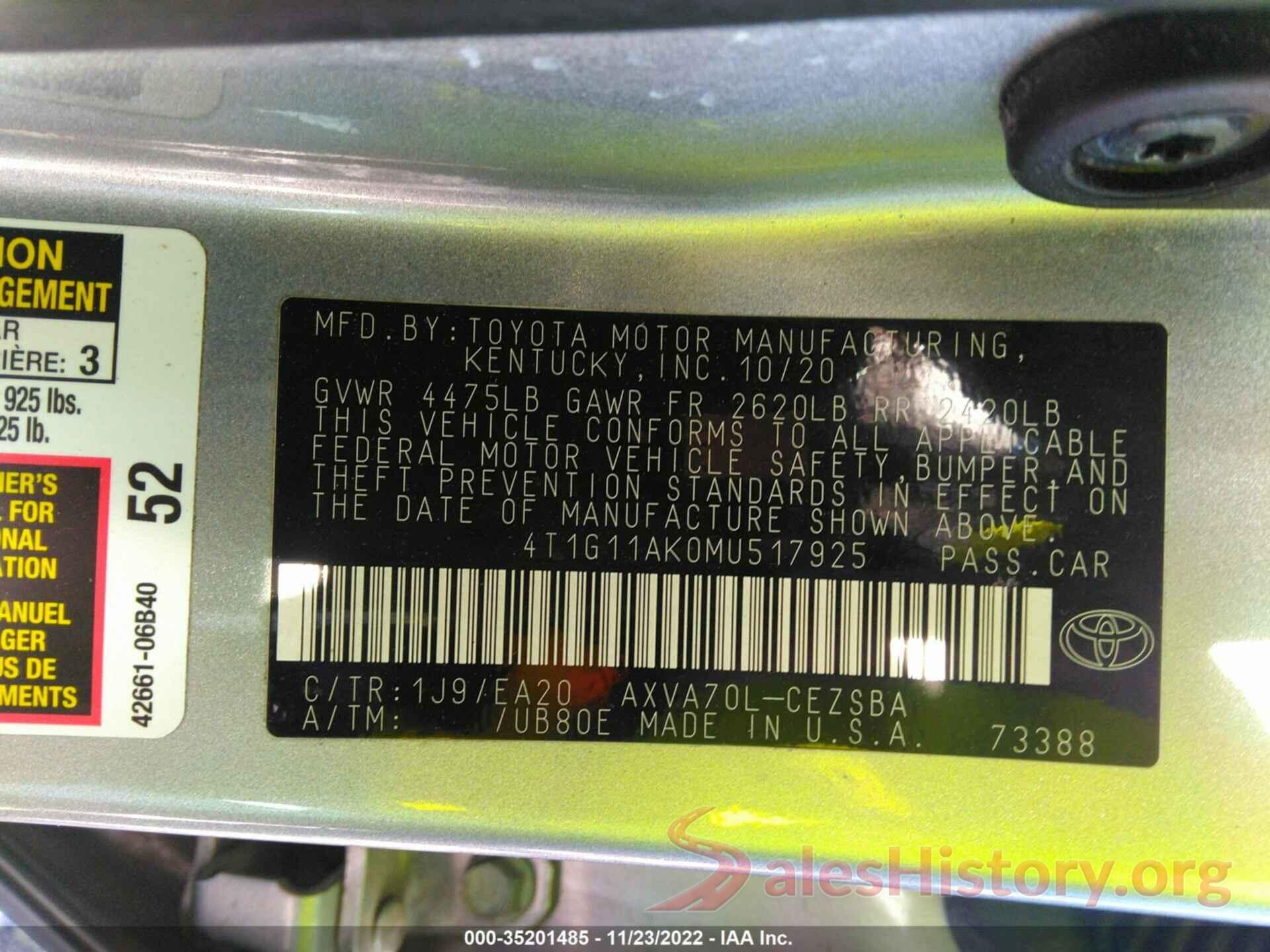 4T1G11AK0MU517925 2021 TOYOTA CAMRY