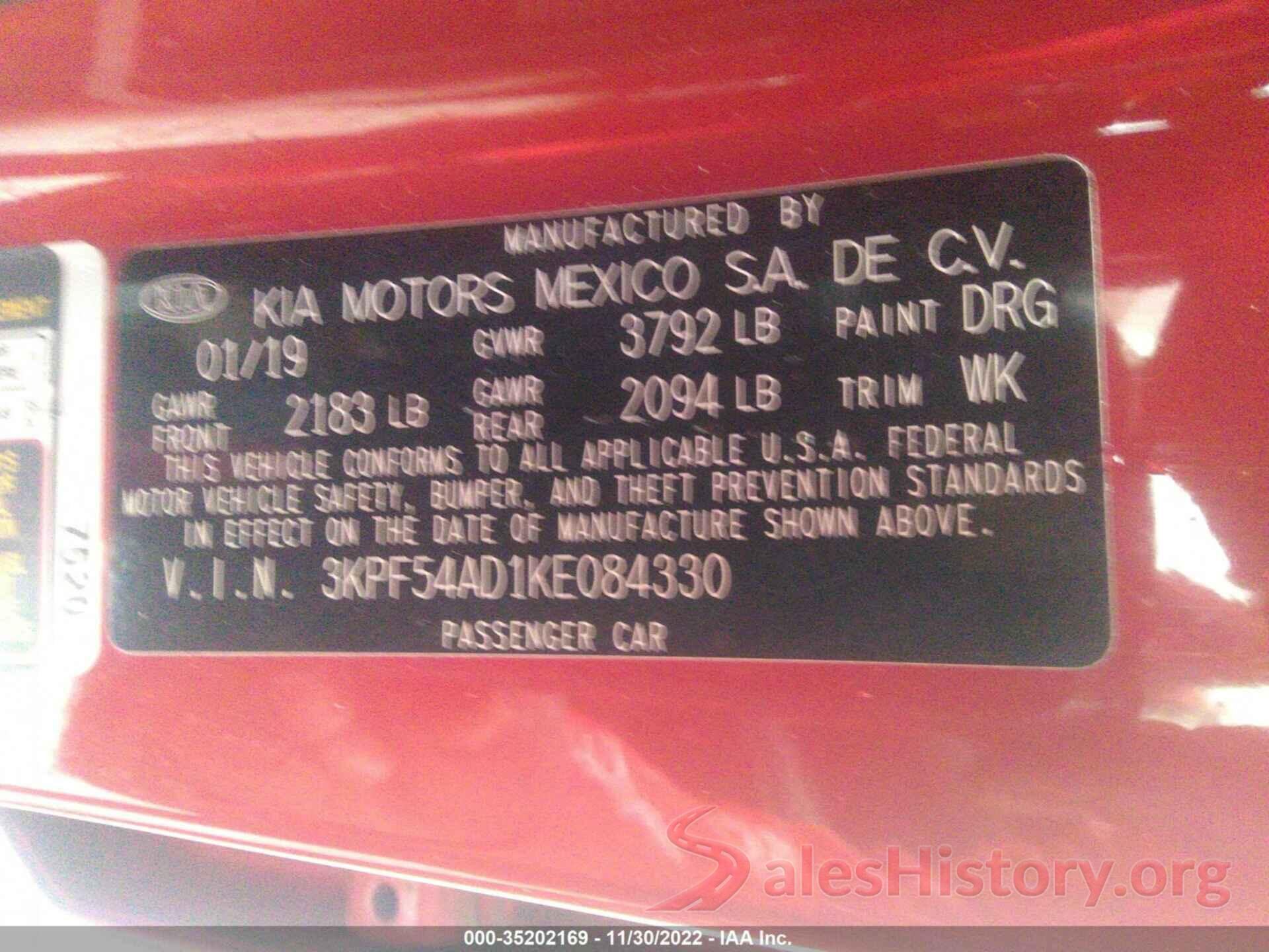 3KPF54AD1KE084330 2019 KIA FORTE