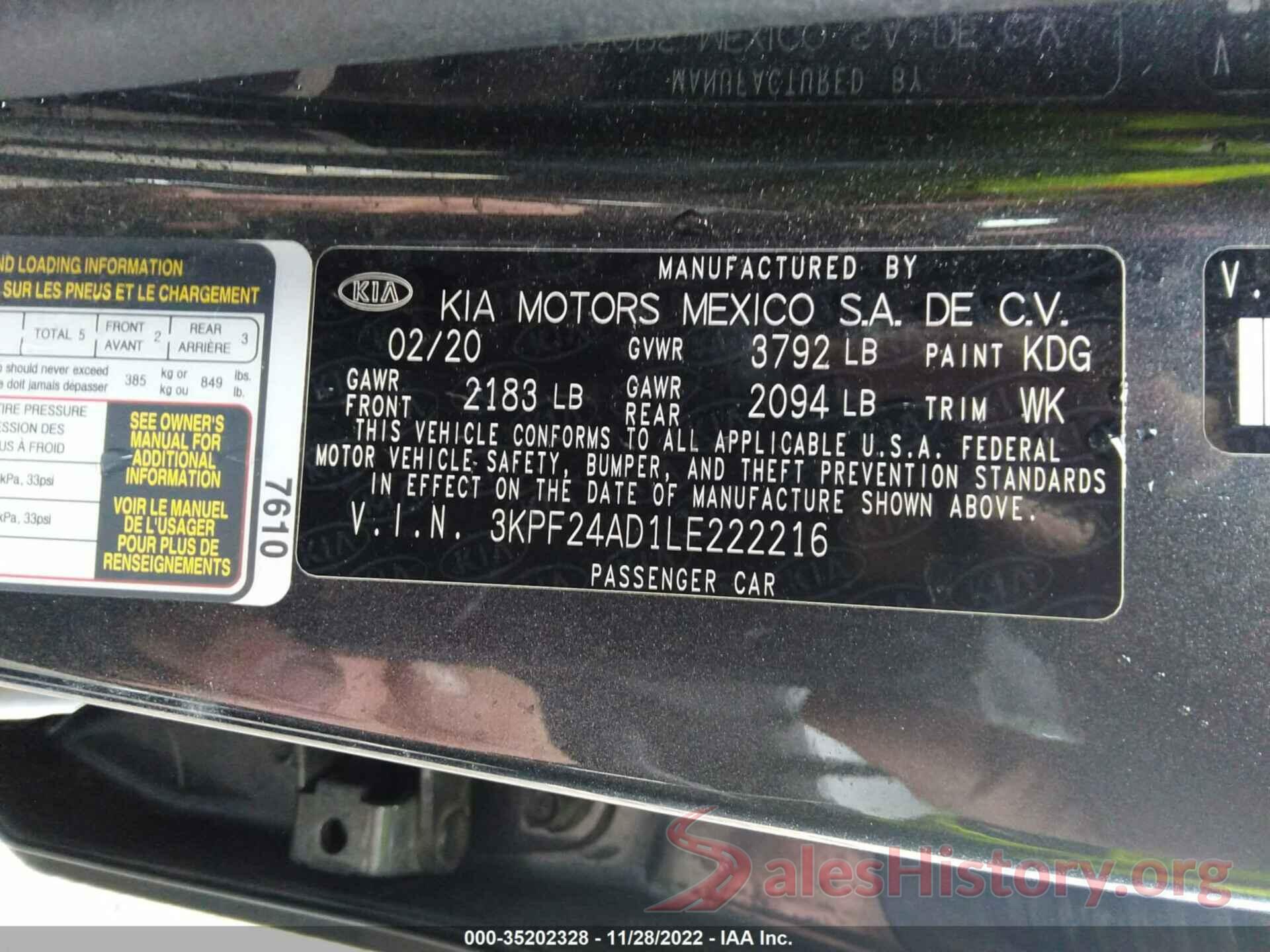 3KPF24AD1LE222216 2020 KIA FORTE