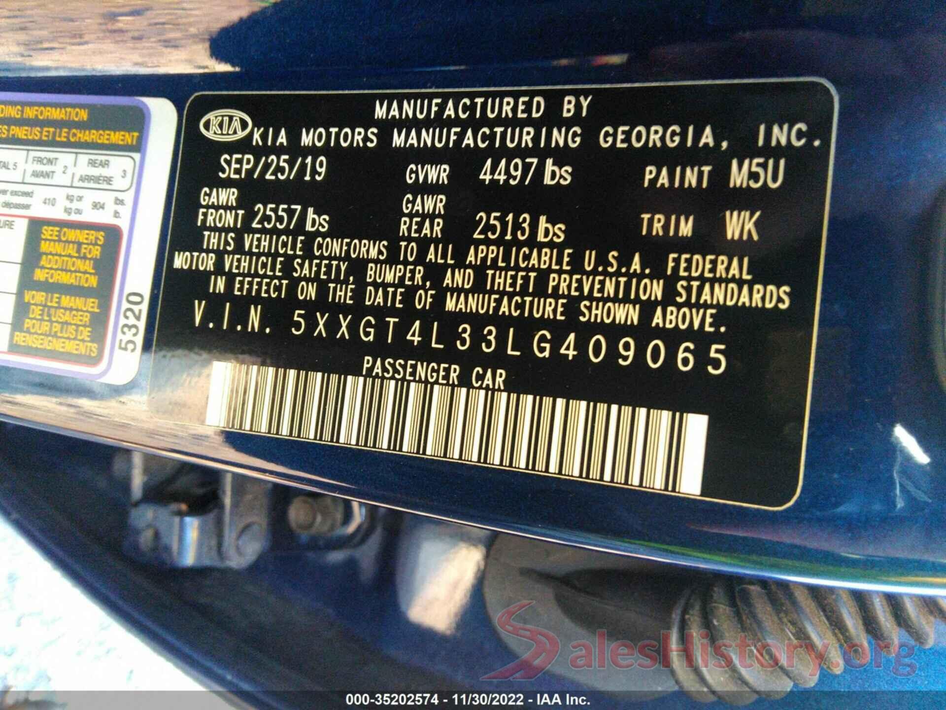 5XXGT4L33LG409065 2020 KIA OPTIMA