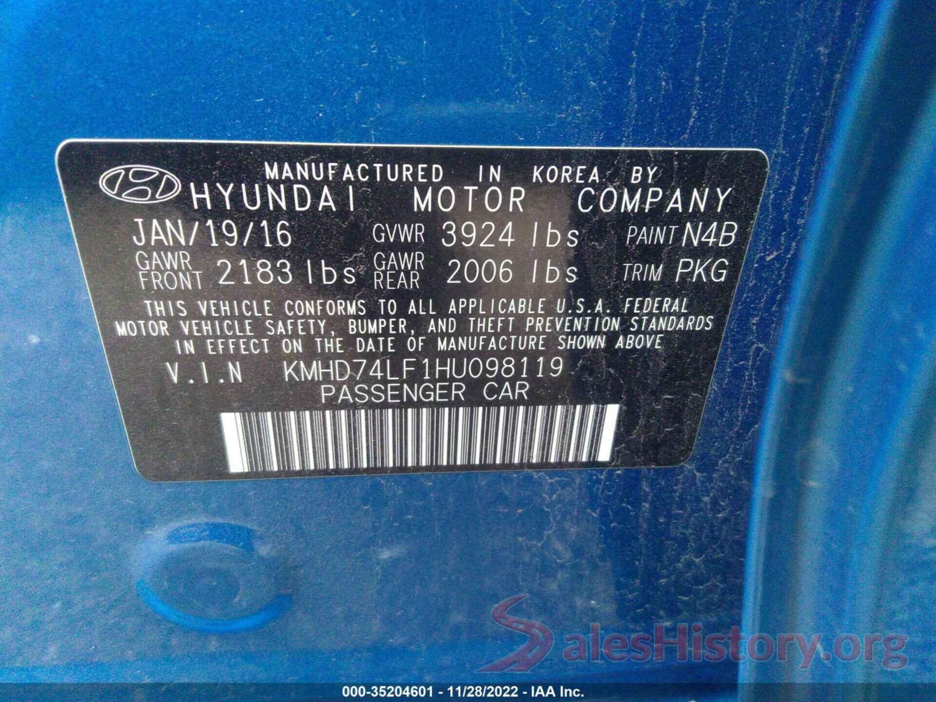 KMHD74LF1HU098119 2017 HYUNDAI ELANTRA