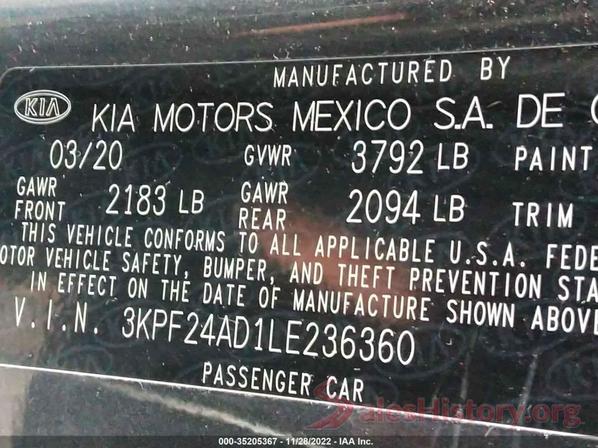 3KPF24AD1LE236360 2020 KIA FORTE