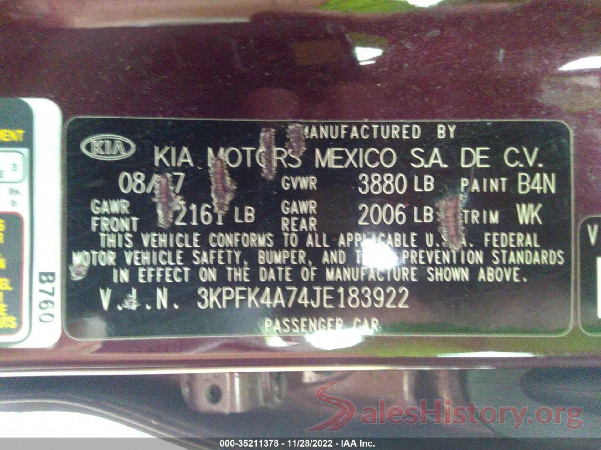 3KPFK4A74JE183922 2018 KIA FORTE