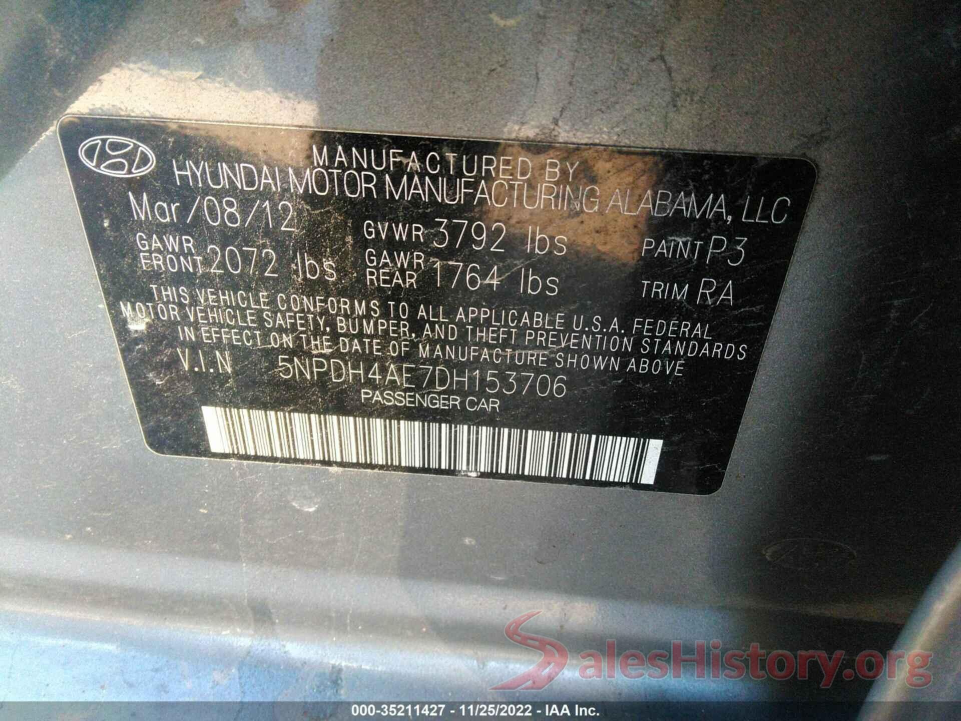 5NPDH4AE7DH153706 2013 HYUNDAI ELANTRA