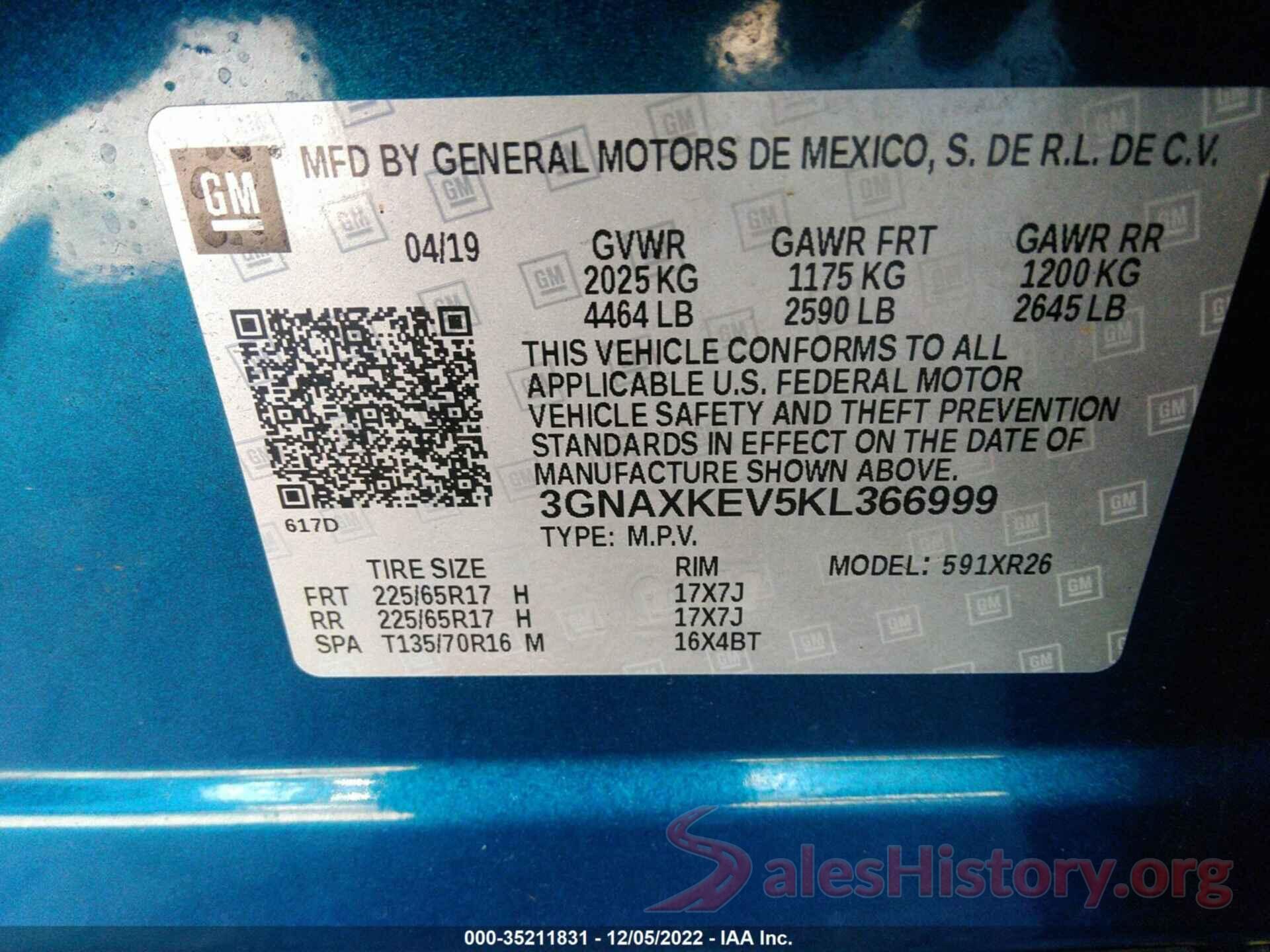 3GNAXKEV5KL366999 2019 CHEVROLET EQUINOX