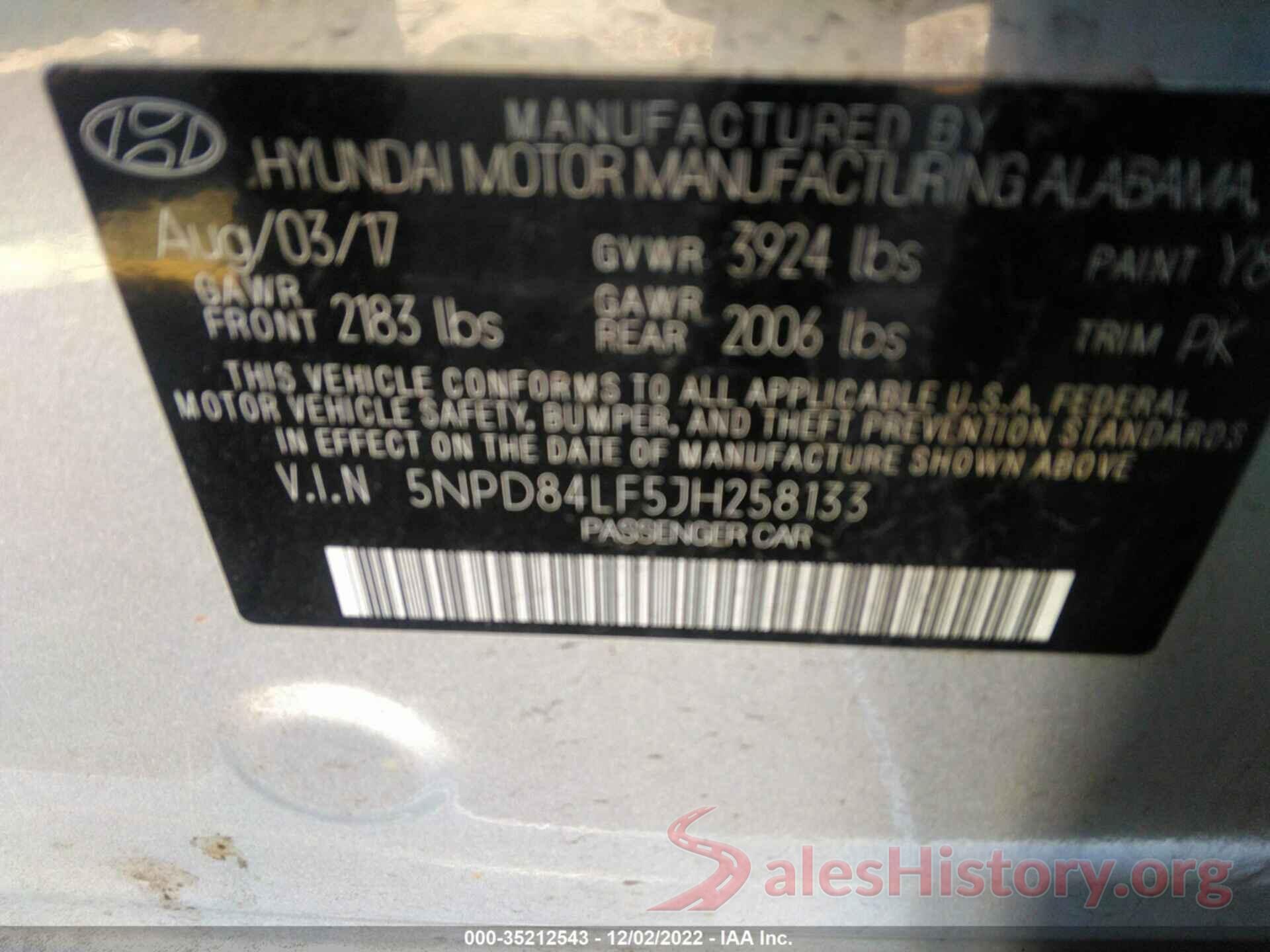 5NPD84LF5JH258133 2018 HYUNDAI ELANTRA