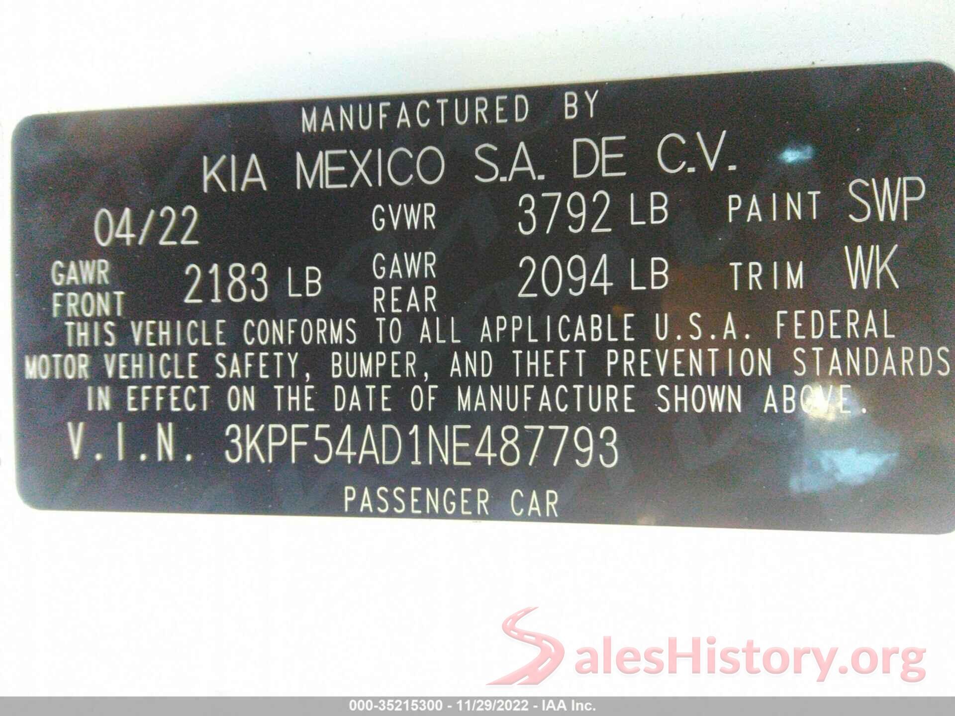 3KPF54AD1NE487793 2022 KIA FORTE