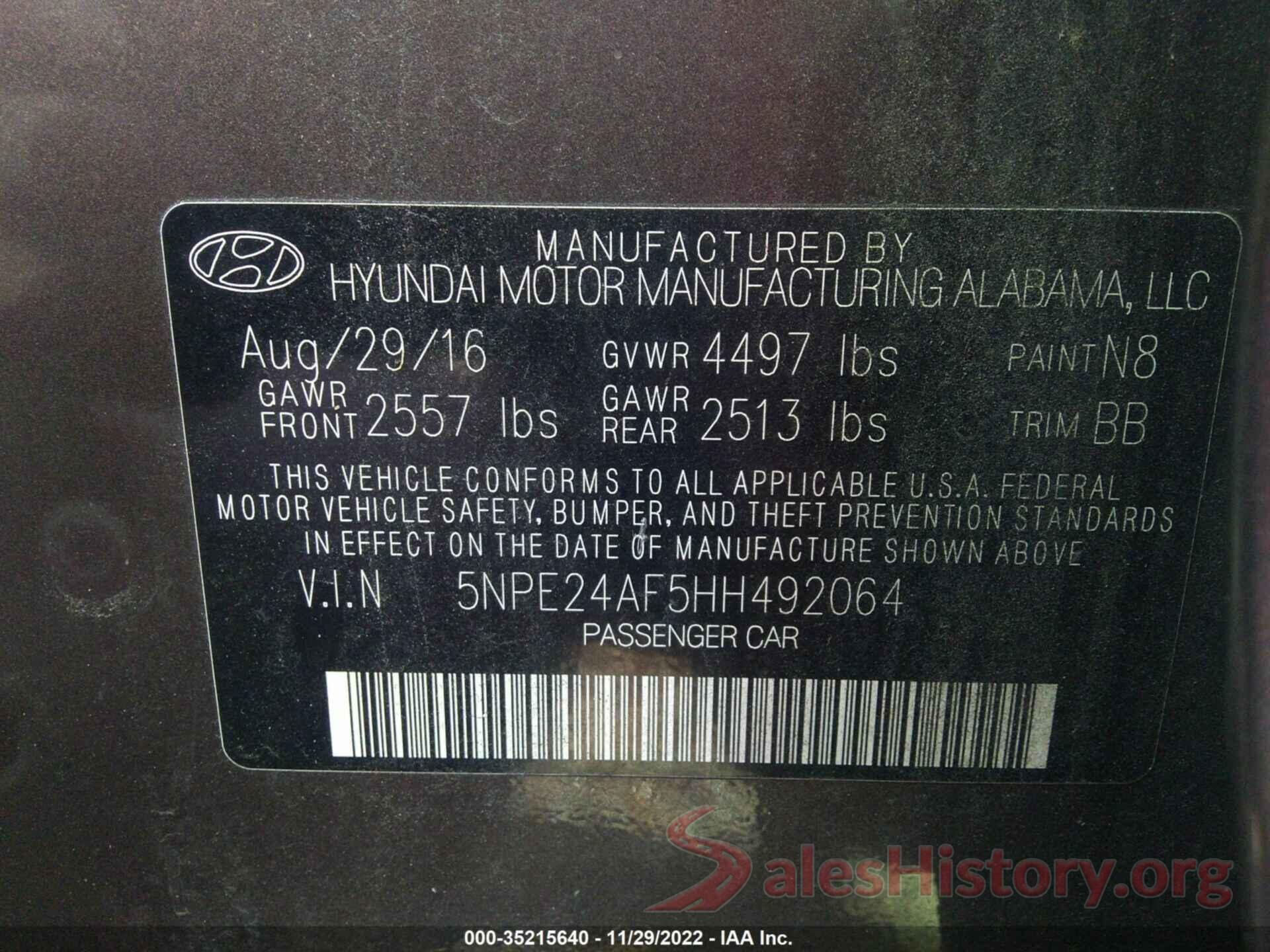 5NPE24AF5HH492064 2017 HYUNDAI SONATA