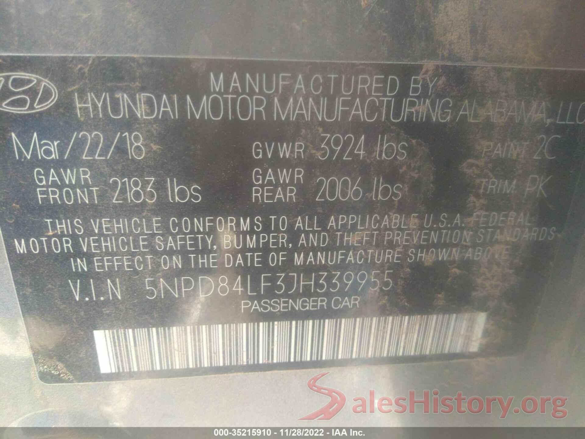 5NPD84LF3JH339955 2018 HYUNDAI ELANTRA