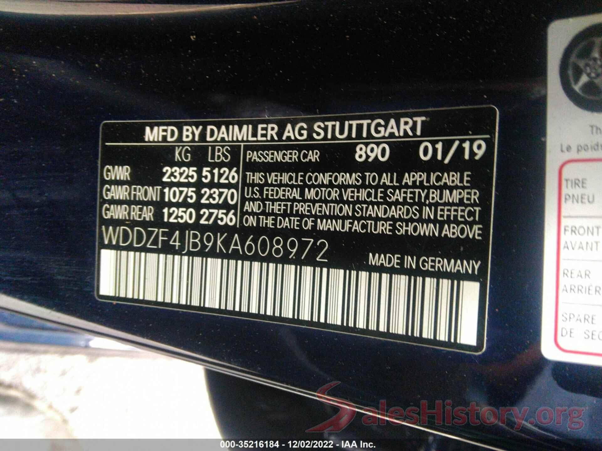 WDDZF4JB9KA608972 2019 MERCEDES-BENZ E-CLASS