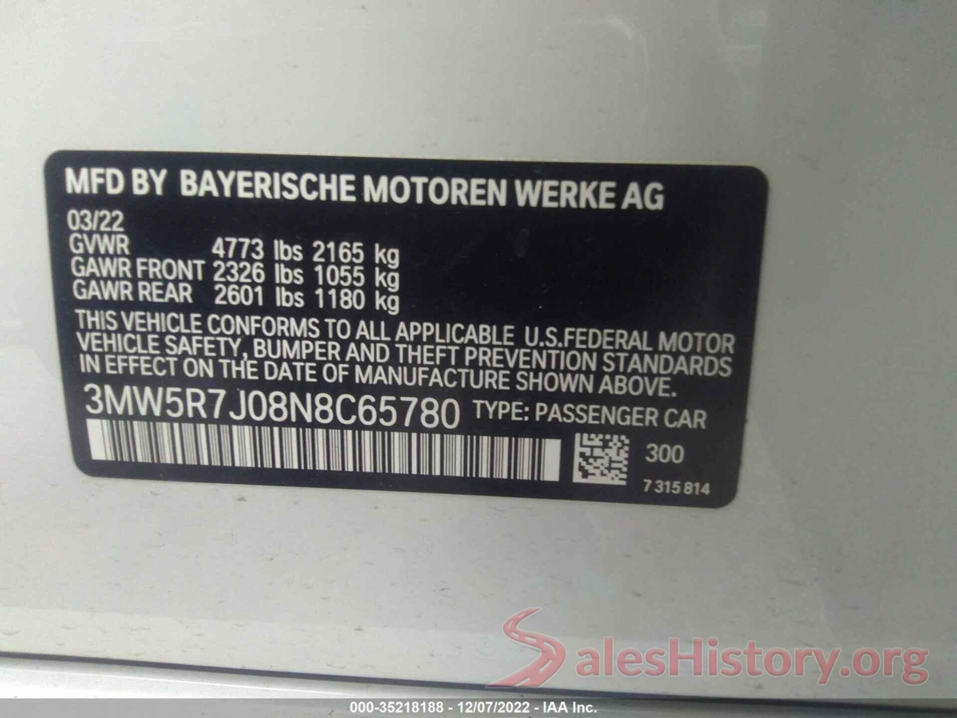 3MW5R7J08N8C65780 2022 BMW 3 SERIES