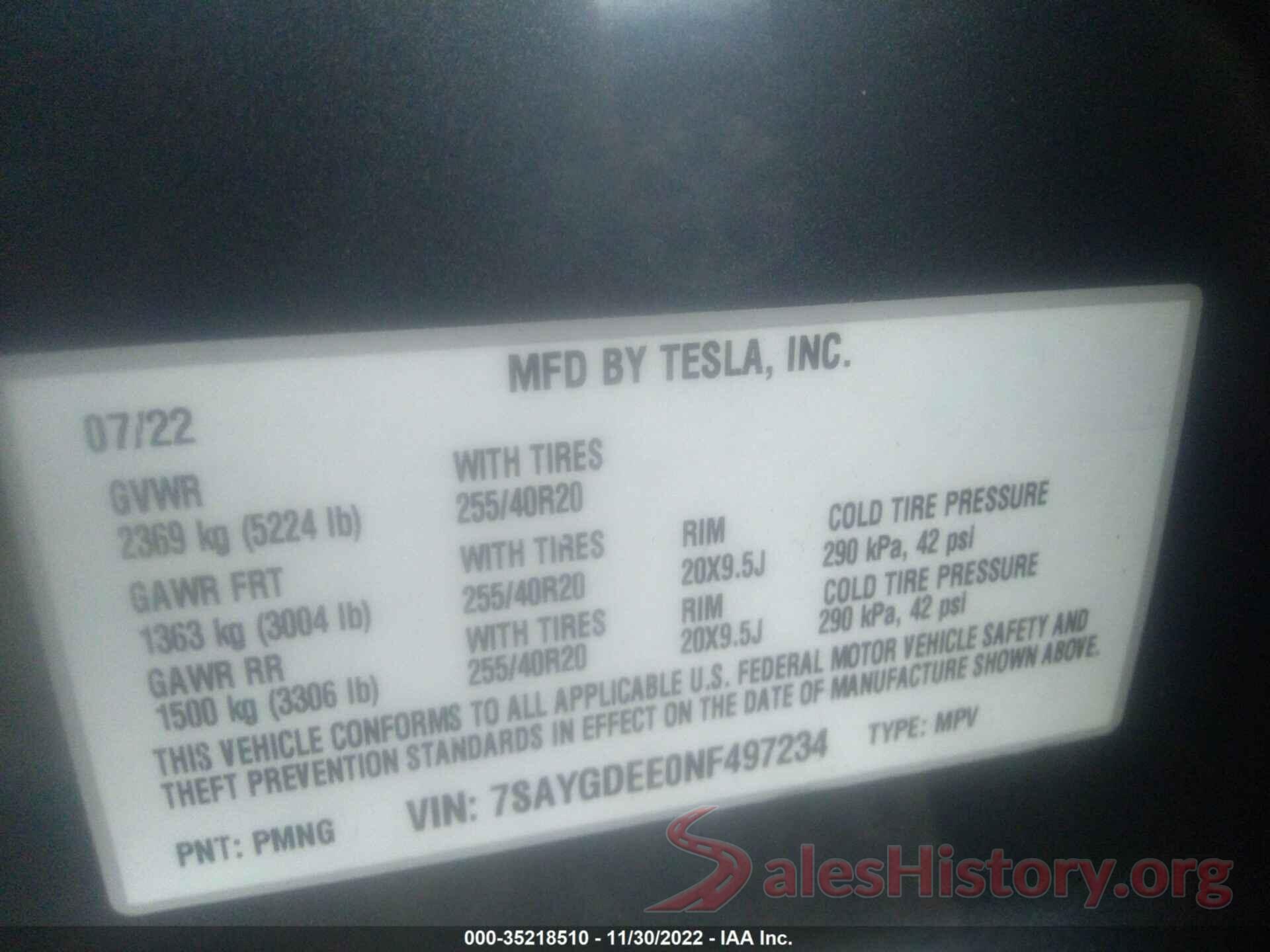 7SAYGDEE0NF497234 2022 TESLA MODEL Y