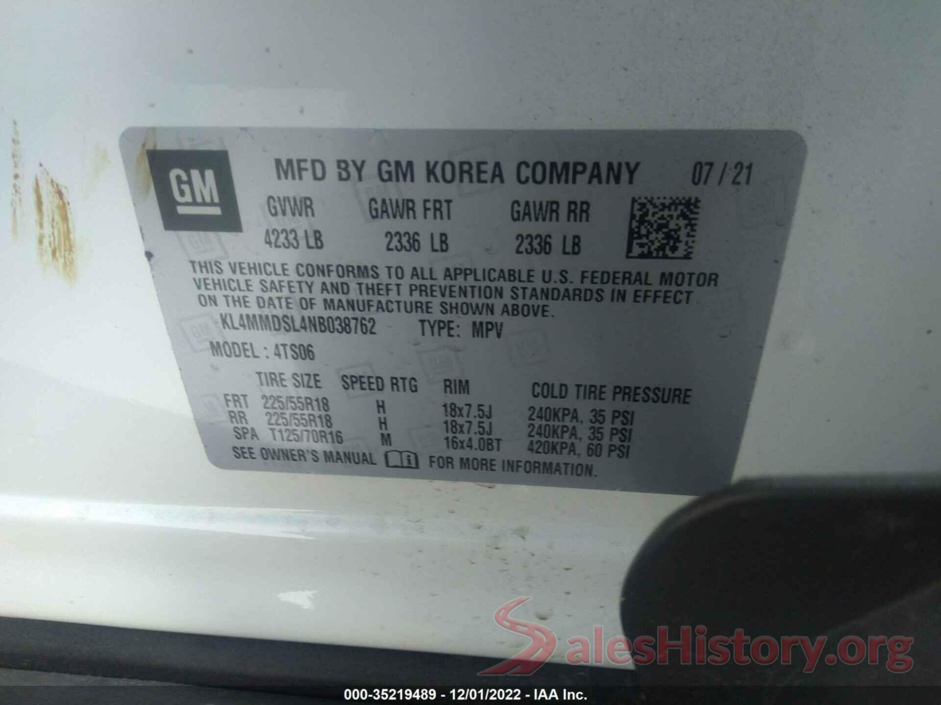 KL4MMDSL4NB038762 2022 BUICK ENCORE GX