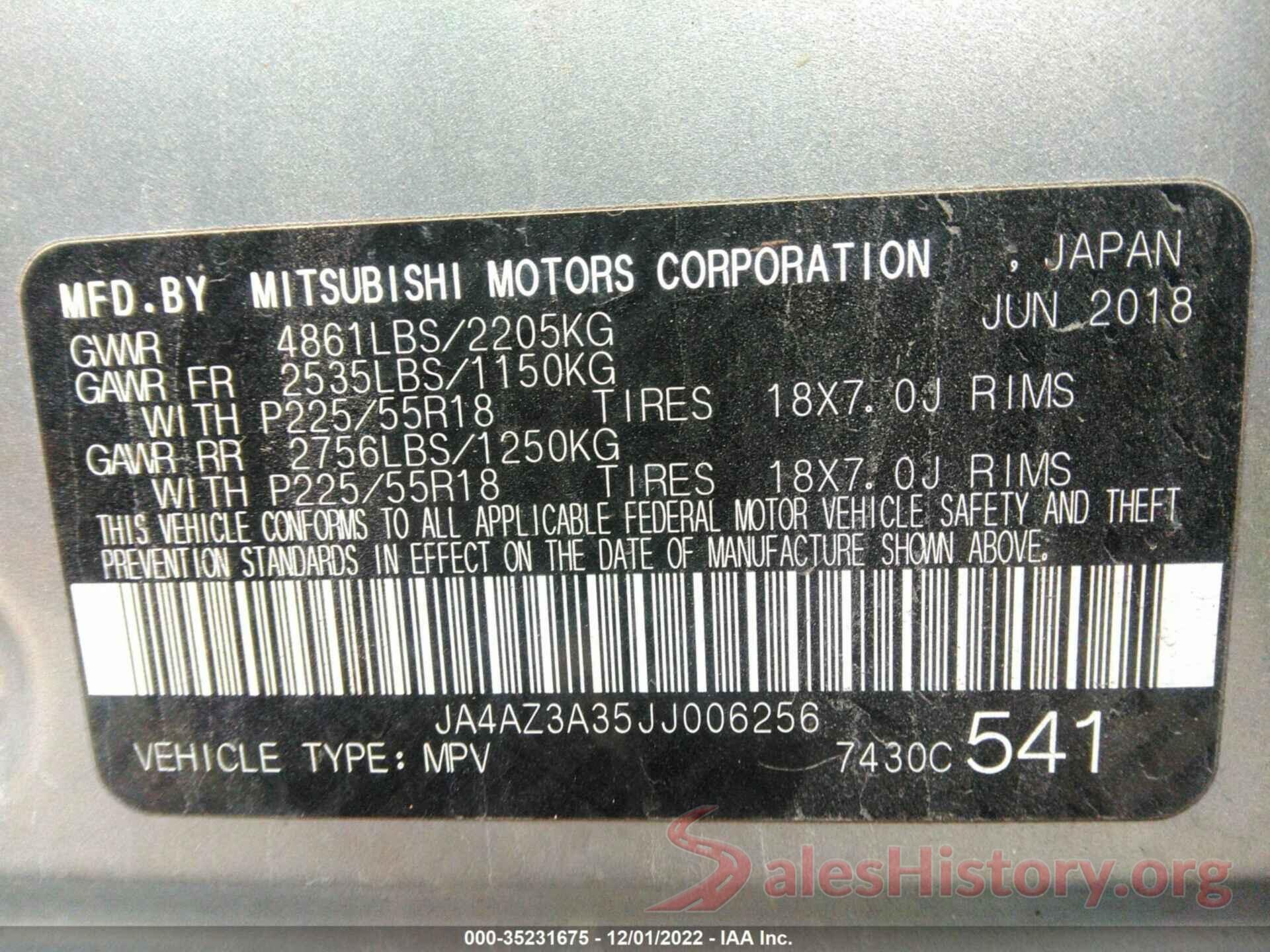 JA4AZ3A35JJ006256 2018 MITSUBISHI OUTLANDER