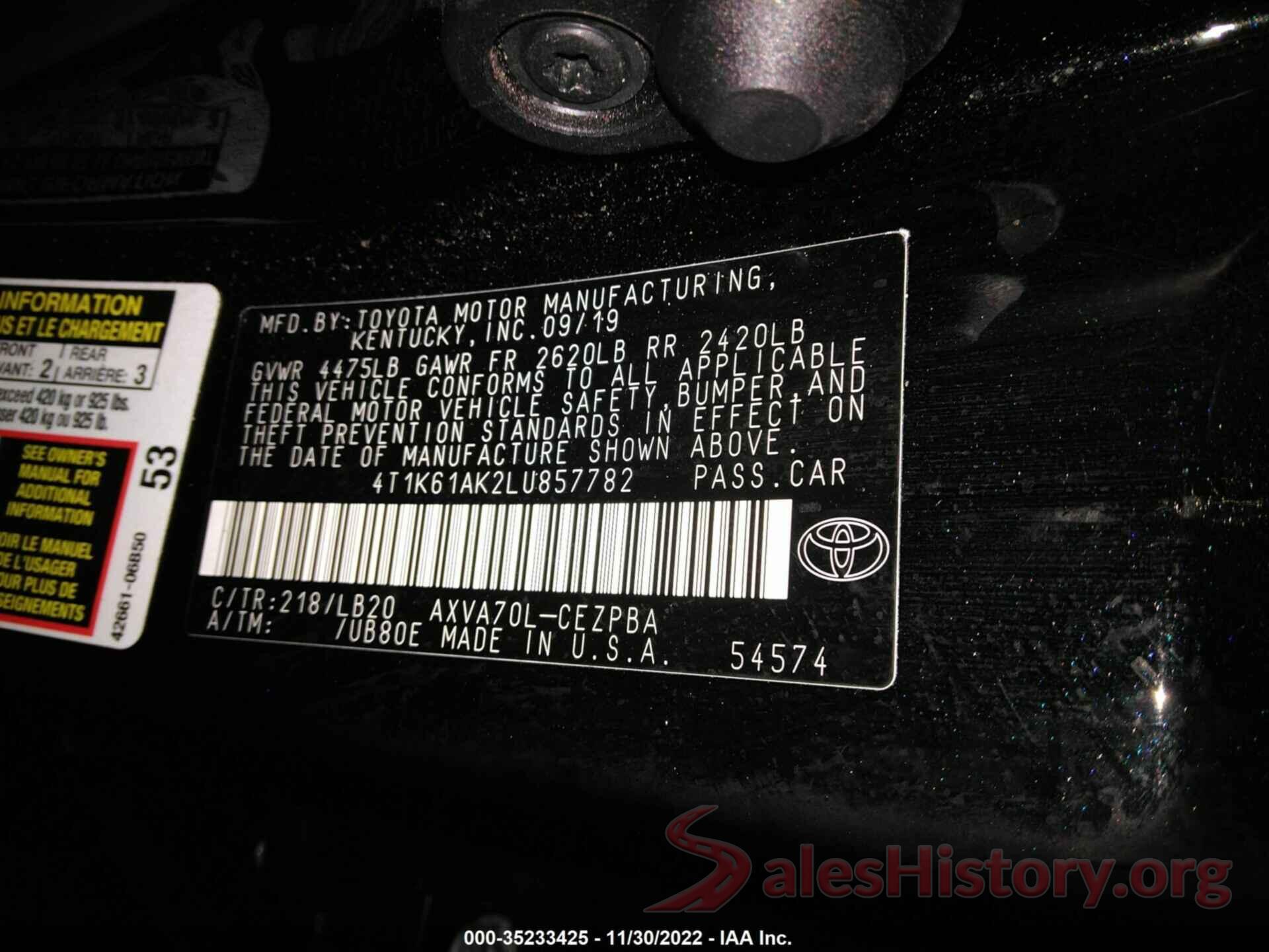 4T1K61AK2LU857782 2020 TOYOTA CAMRY