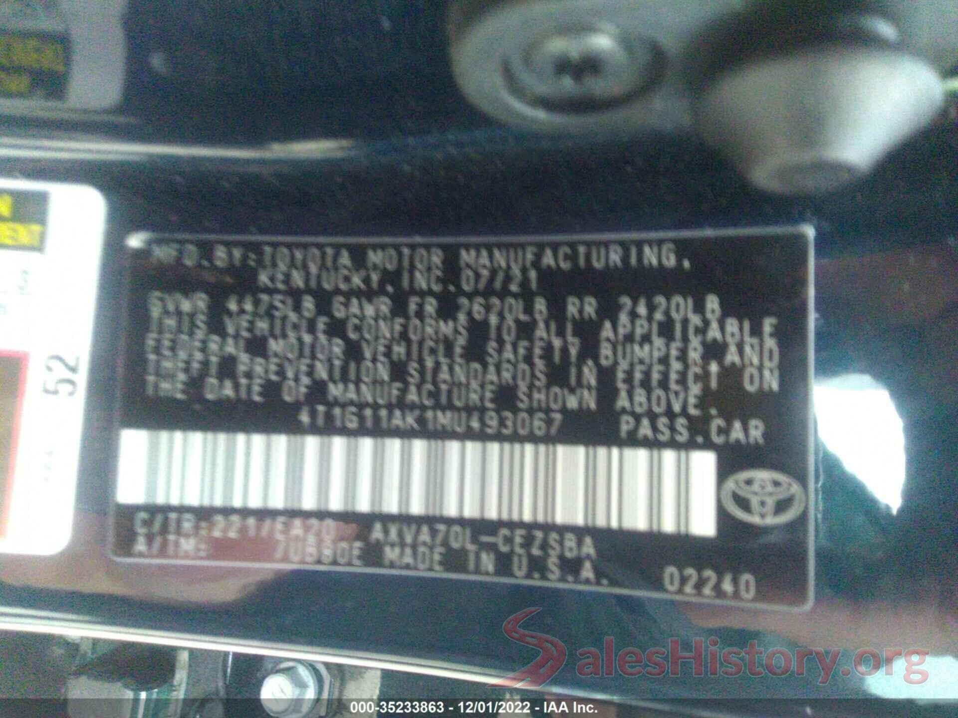 4T1G11AK1MU493067 2021 TOYOTA CAMRY