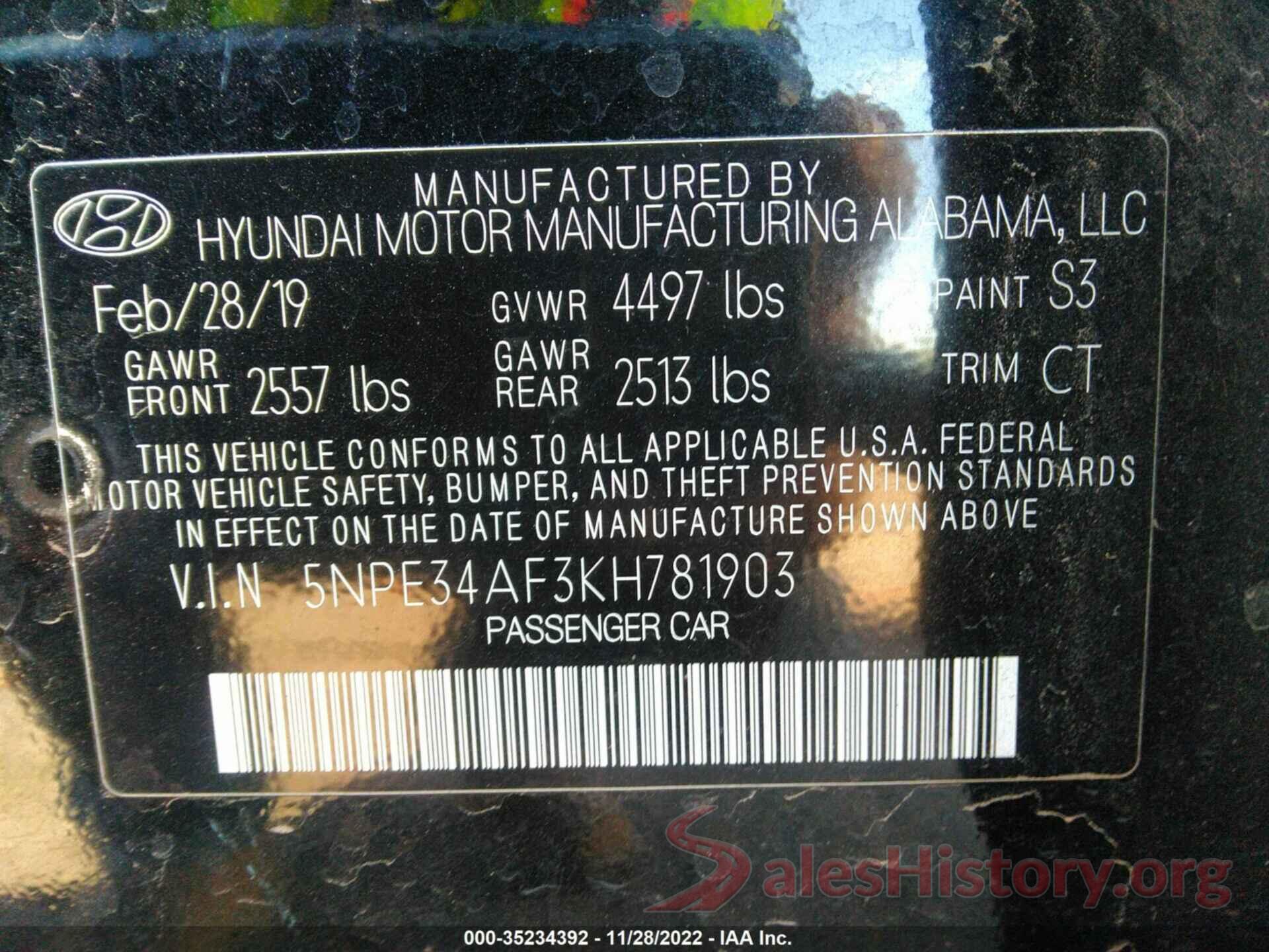 5NPE34AF3KH781903 2019 HYUNDAI SONATA