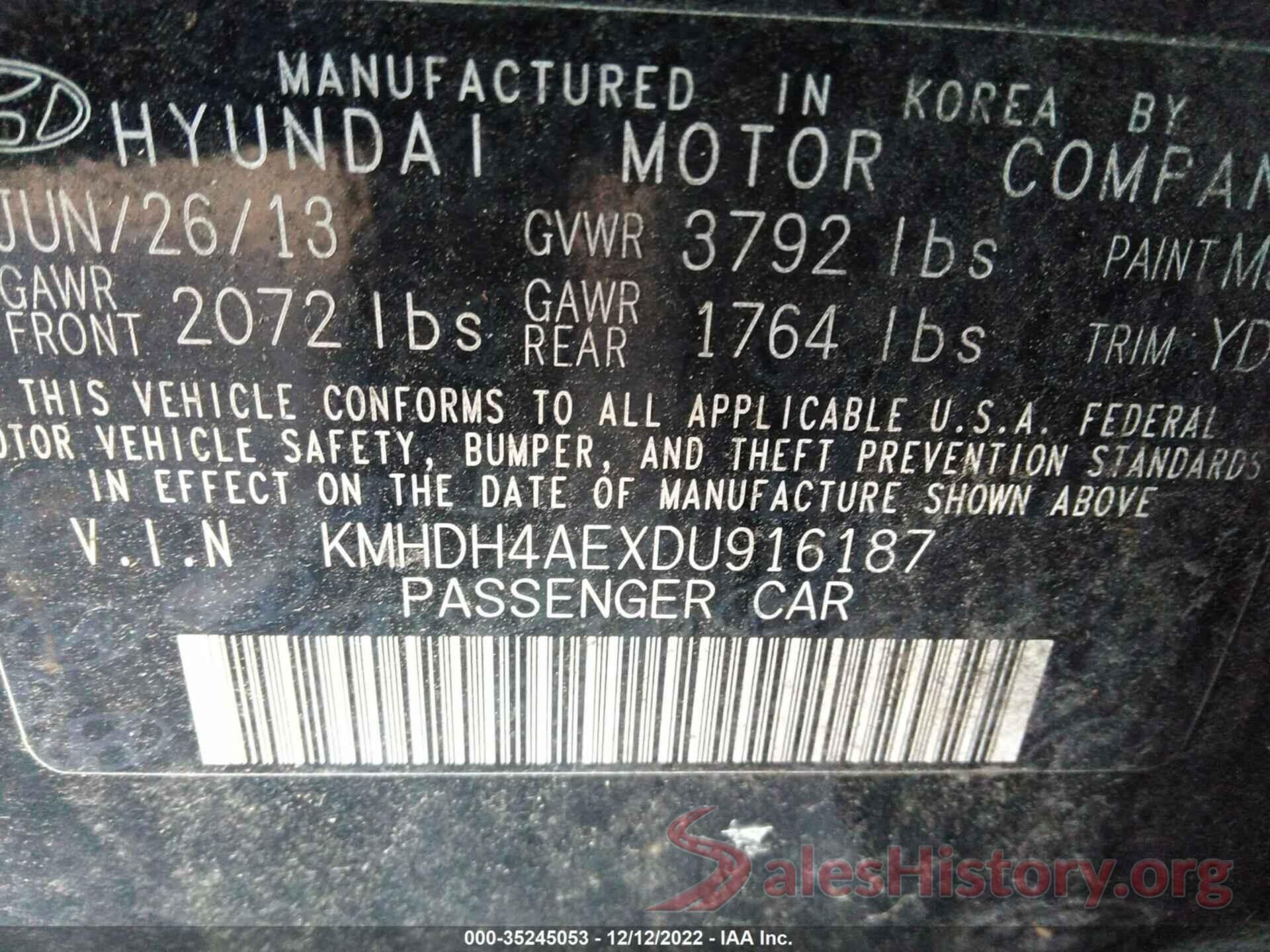 KMHDH4AEXDU916187 2013 HYUNDAI ELANTRA