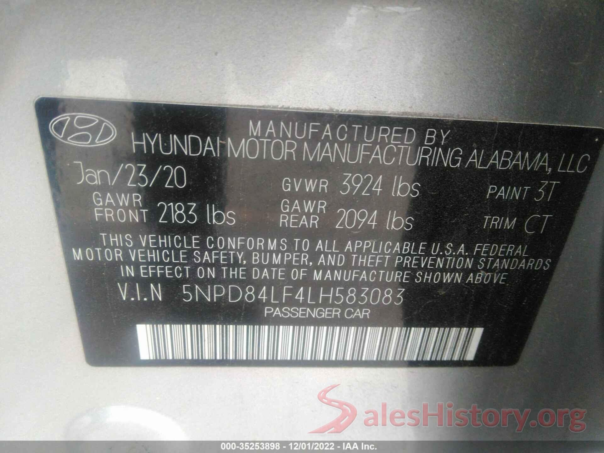 5NPD84LF4LH583083 2020 HYUNDAI ELANTRA