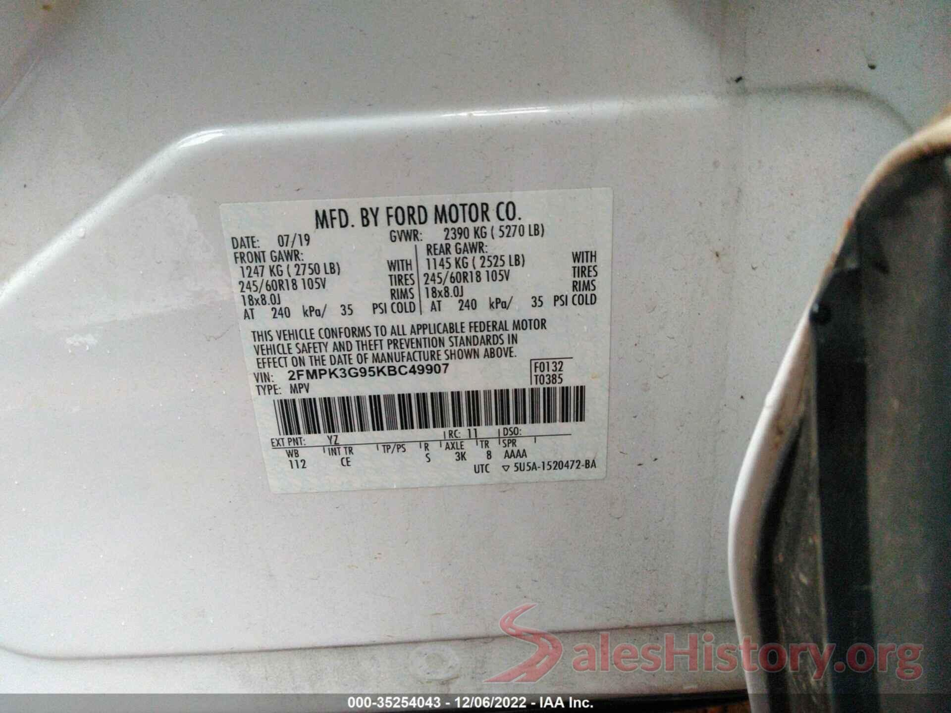 2FMPK3G95KBC49907 2019 FORD EDGE