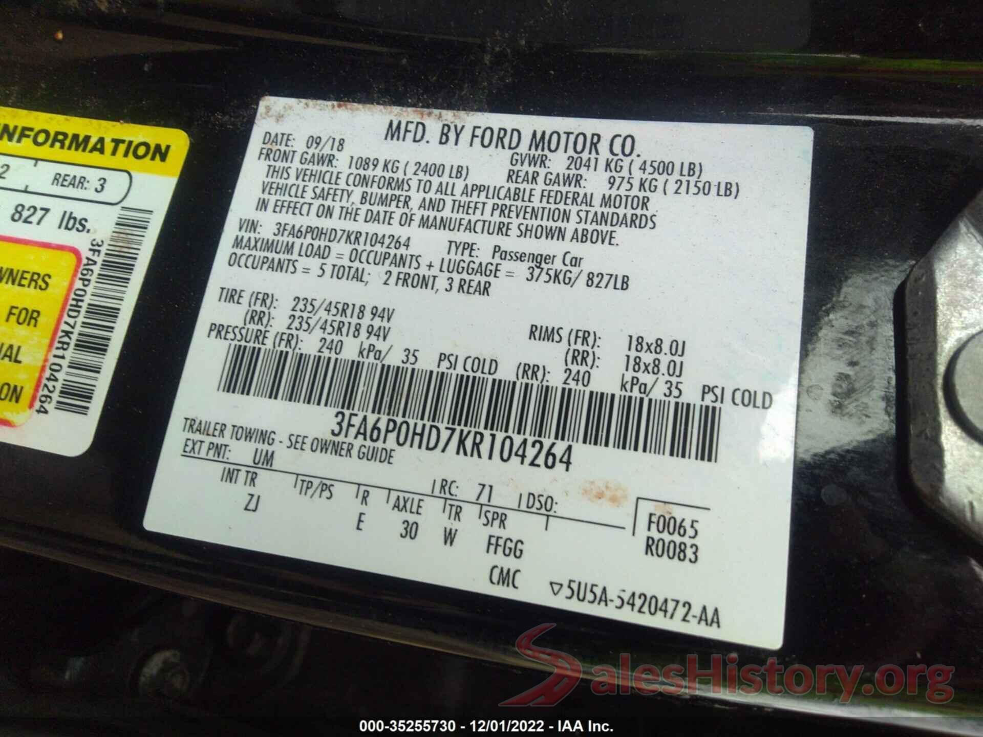 3FA6P0HD7KR104264 2019 FORD FUSION