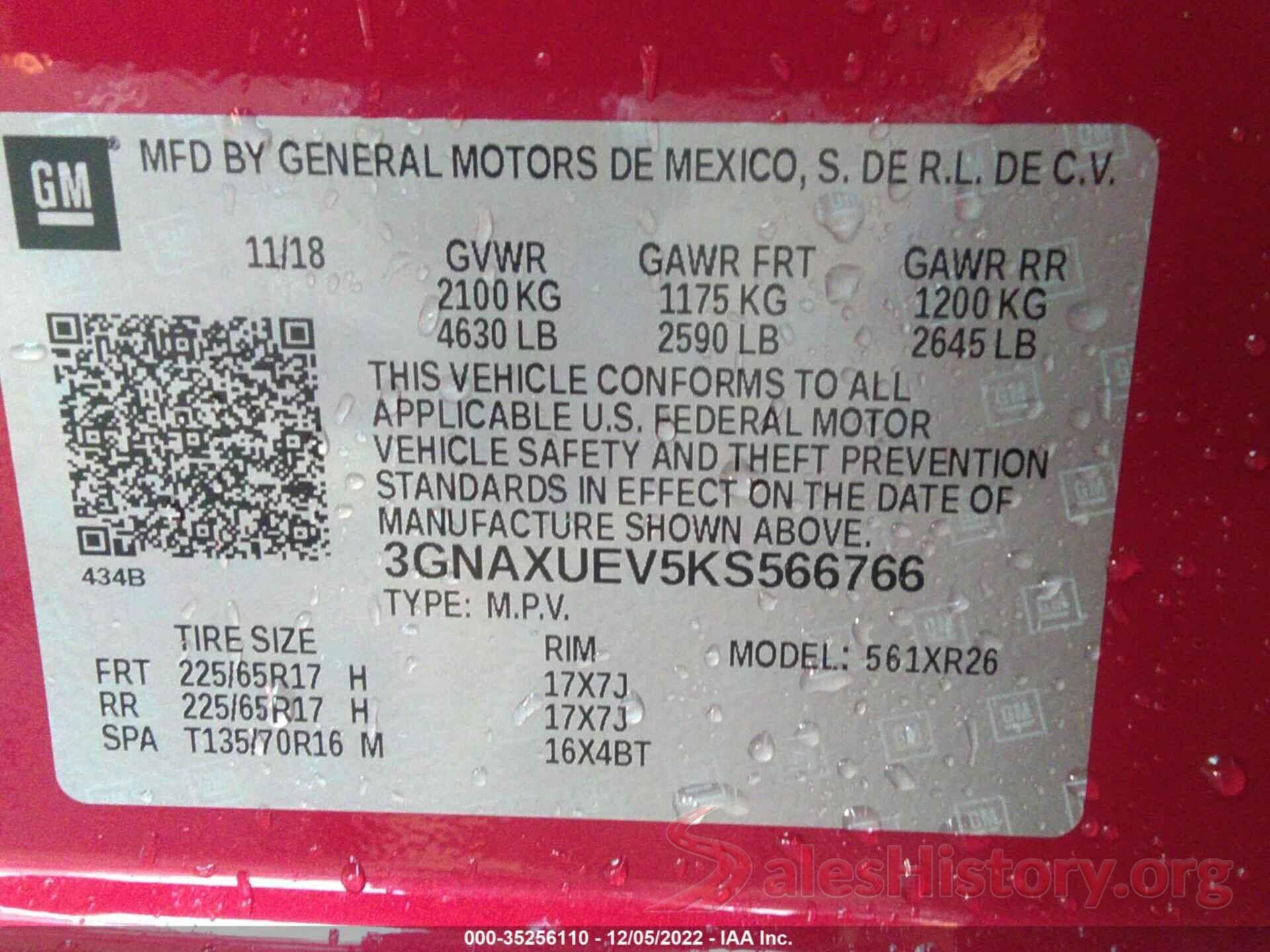 3GNAXUEV5KS566766 2019 CHEVROLET EQUINOX