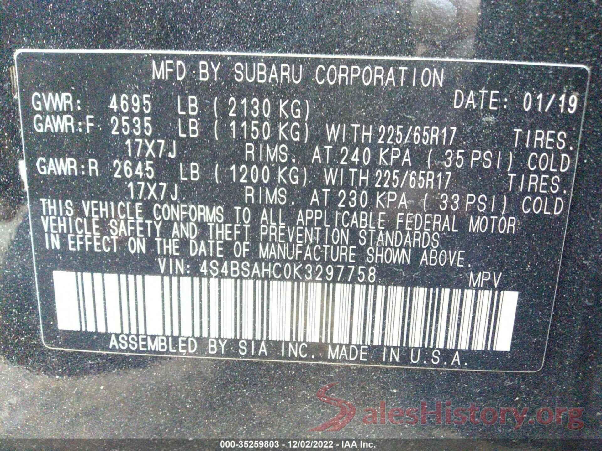 4S4BSAHC0K3297758 2019 SUBARU OUTBACK