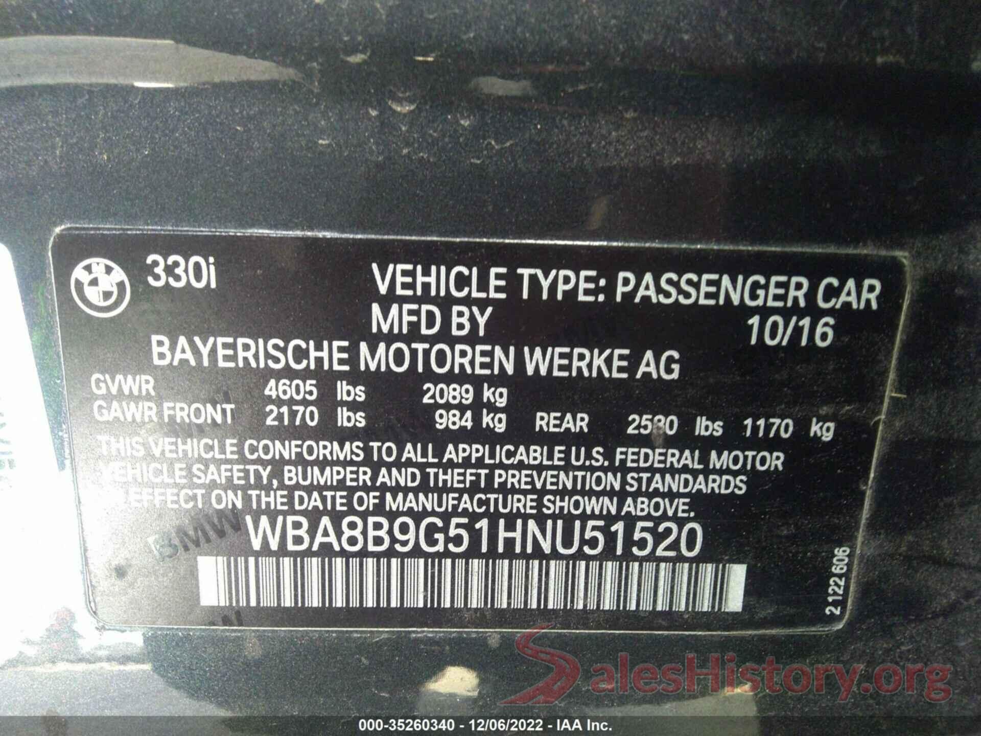 WBA8B9G51HNU51520 2017 BMW 3 SERIES